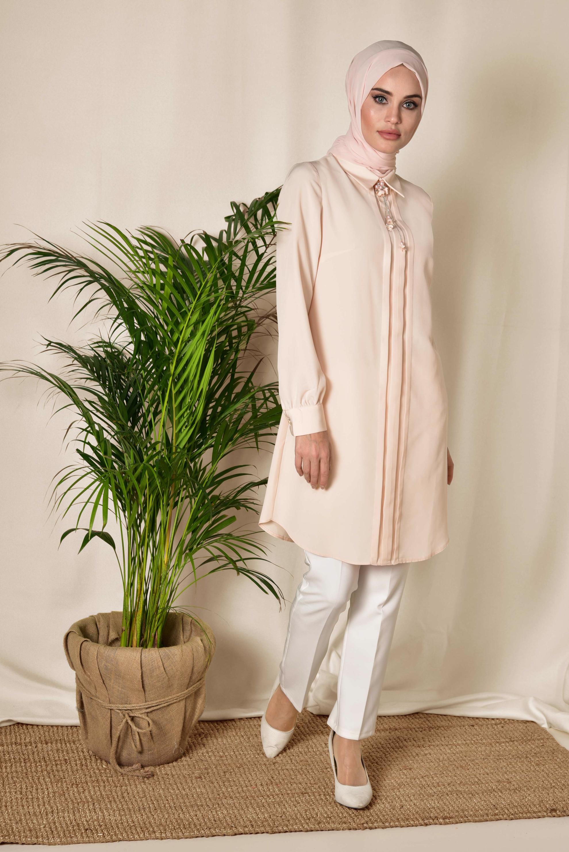 Tesettür giyim PUDRA ARKADAN FERMUARLI TUNİK 4863