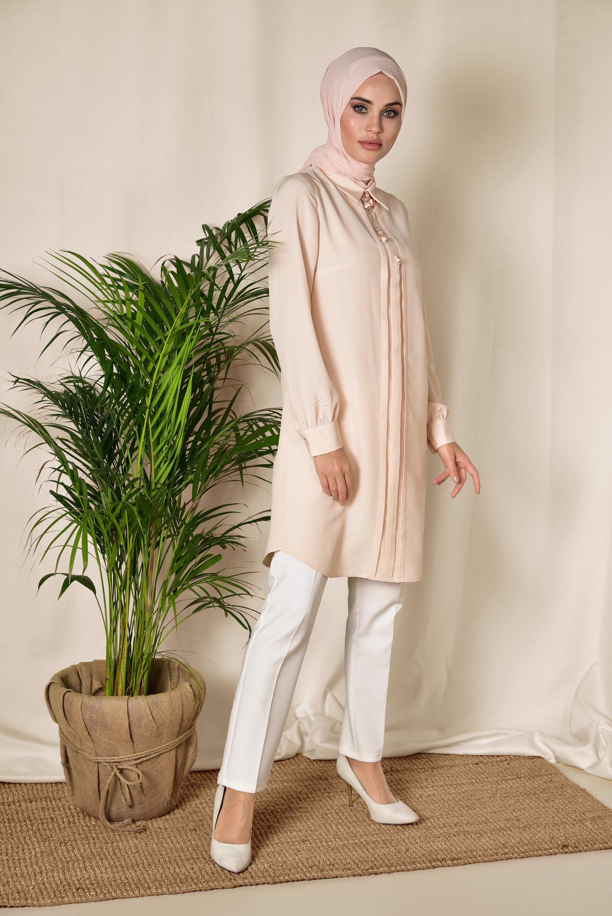 Tesettür giyim PUDRA ARKADAN FERMUARLI TUNİK 4863