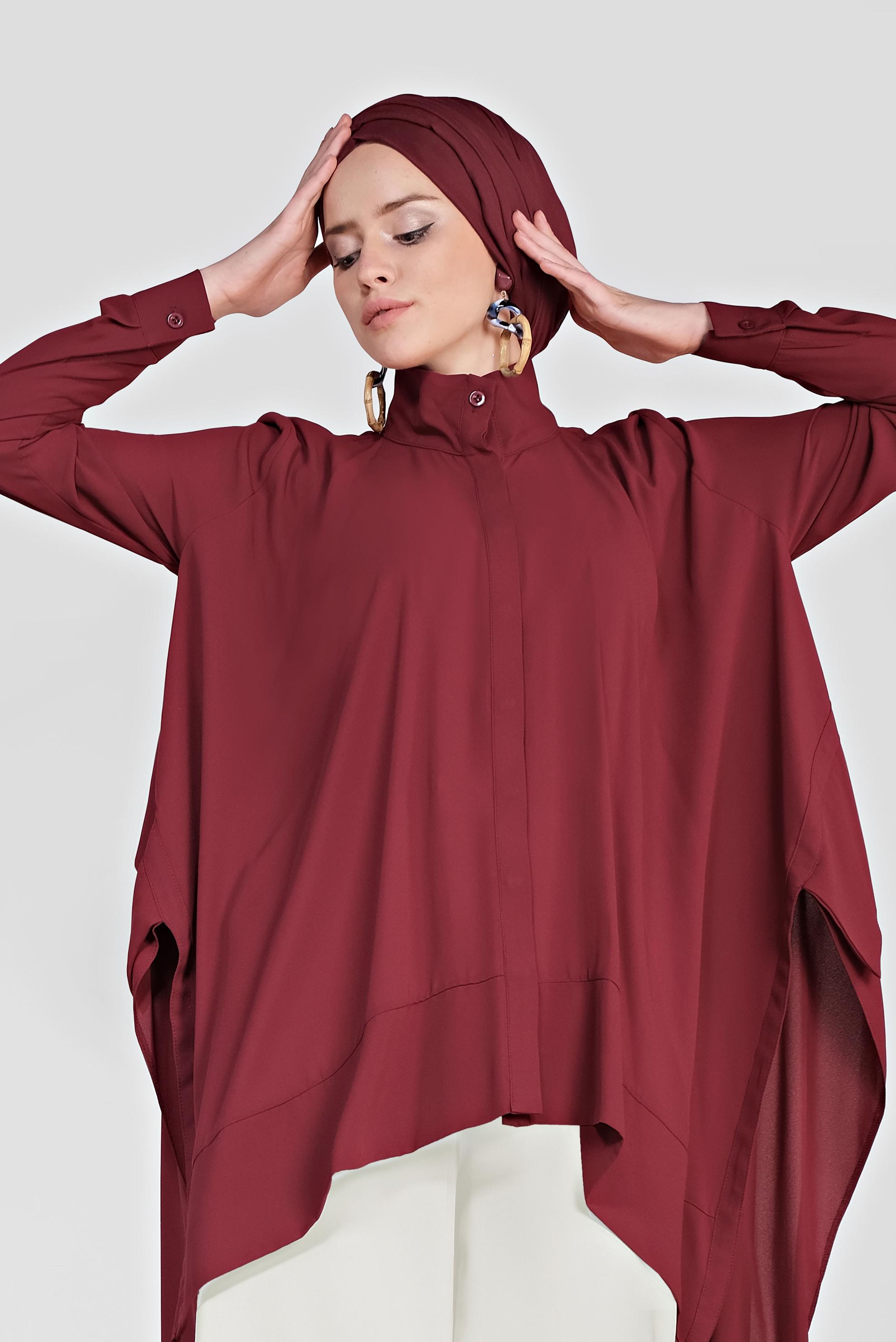 Tesettür giyim BORDO VOLANLI ÖNÜ KISA ARKASI UZUN TUNİK 4874