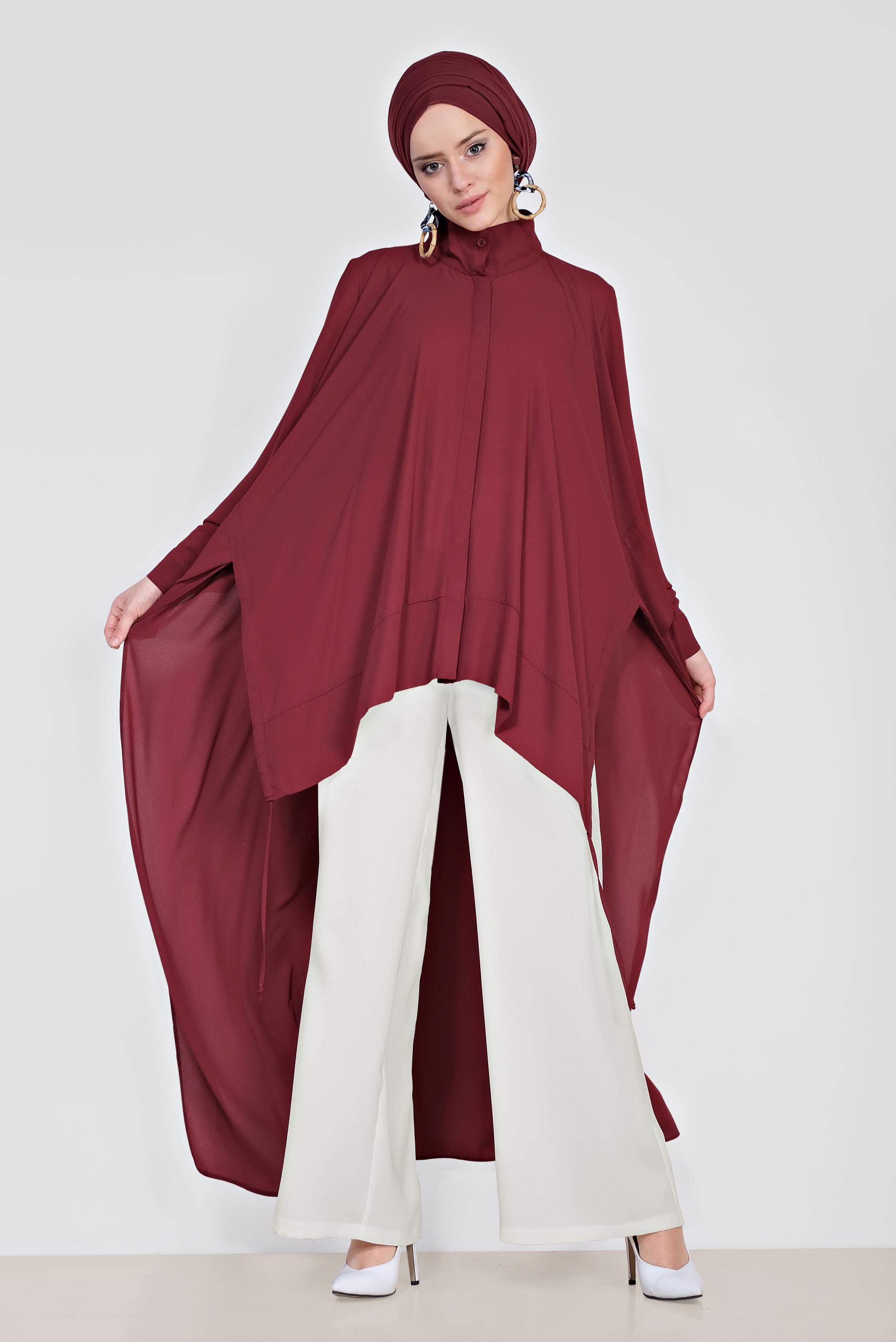 Tesettür giyim BORDO VOLANLI ÖNÜ KISA ARKASI UZUN TUNİK 4874