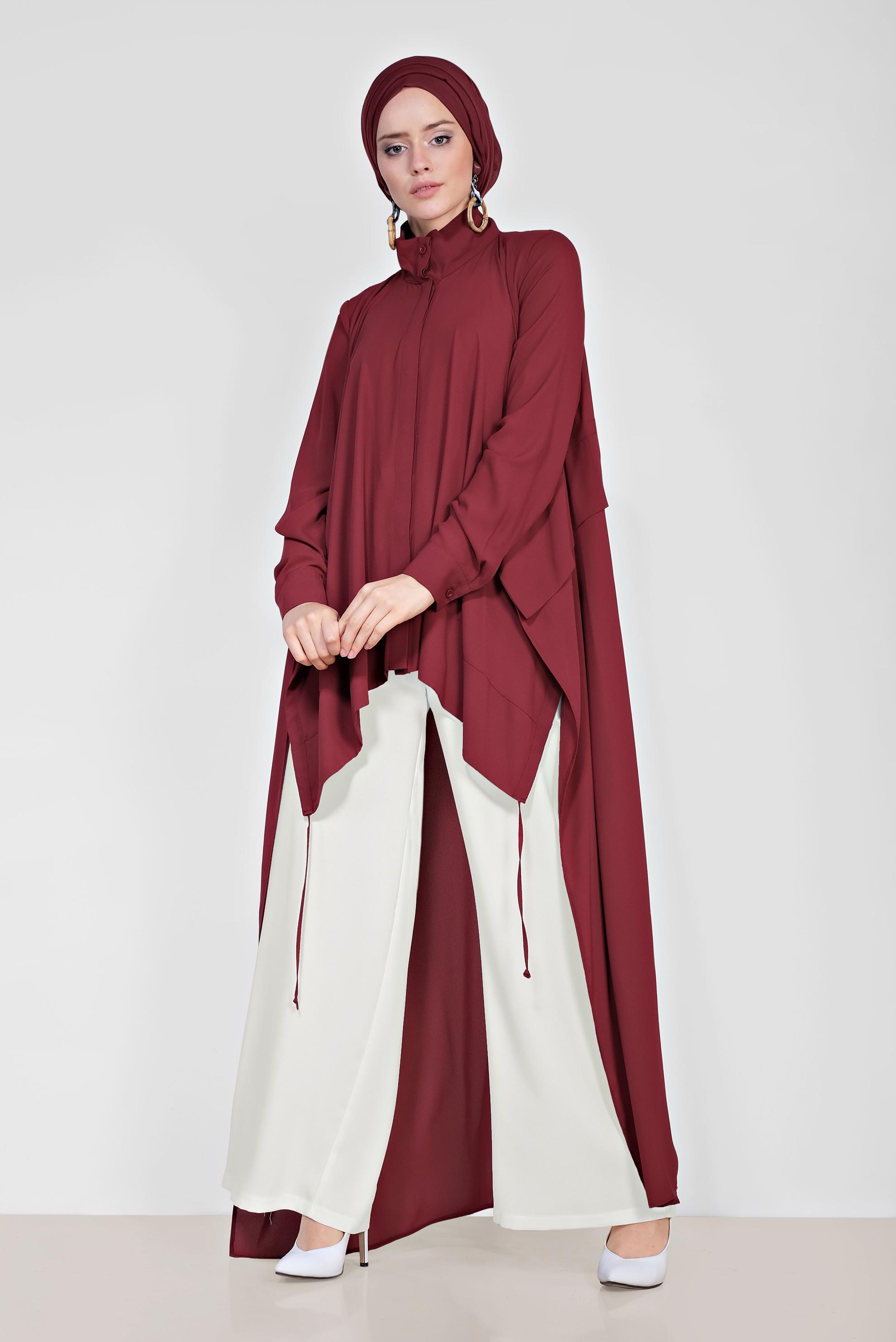 Tesettür giyim BORDO VOLANLI ÖNÜ KISA ARKASI UZUN TUNİK 4874