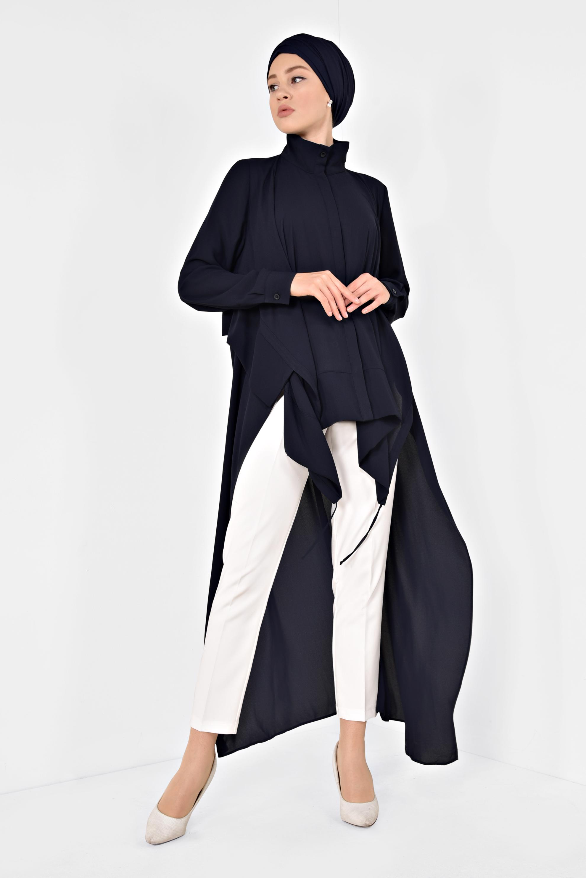 Tesettür giyim LACİVERT VOLANLI ÖNÜ KISA ARKASI UZUN TUNİK 4874