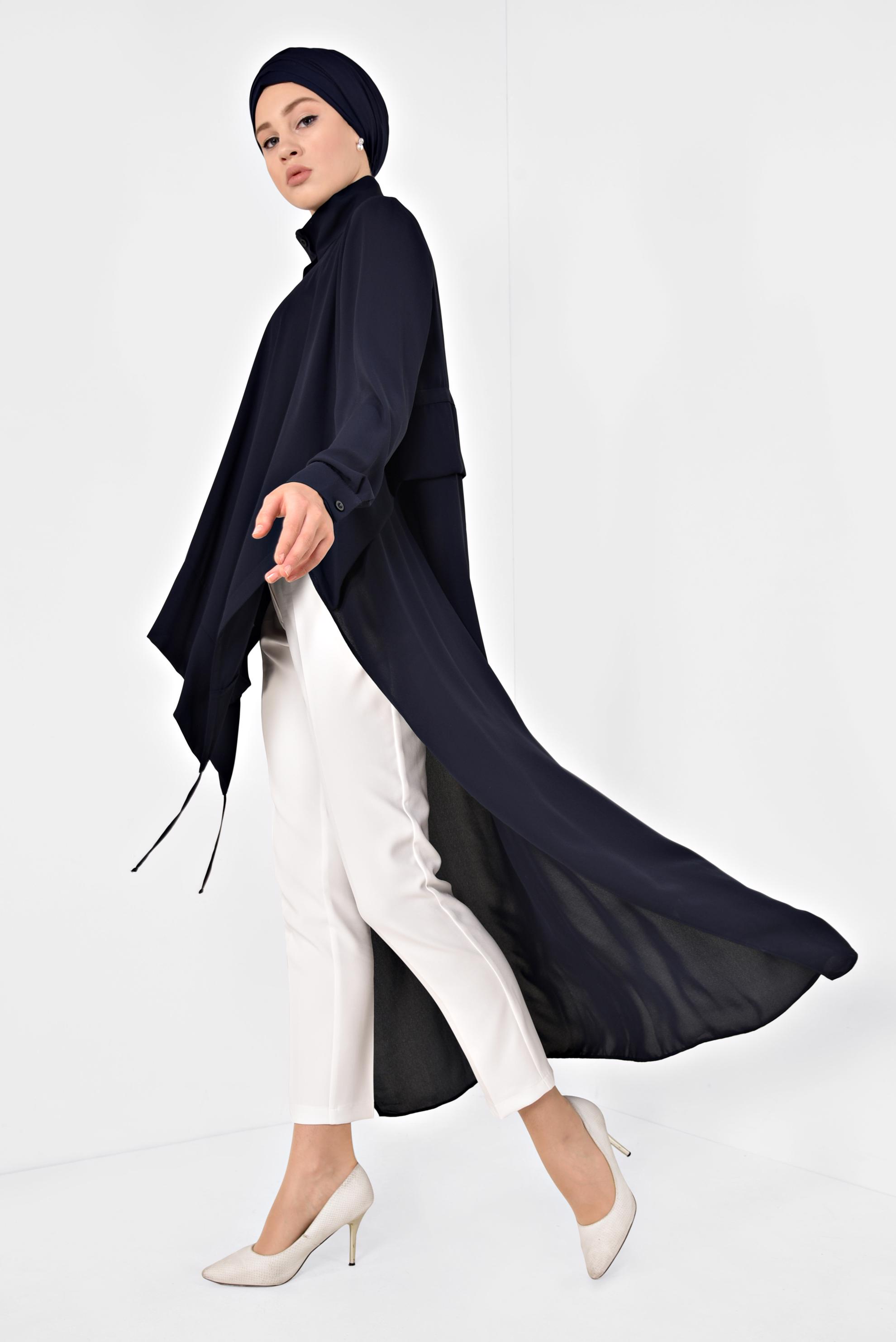 Tesettür giyim LACİVERT VOLANLI ÖNÜ KISA ARKASI UZUN TUNİK 4874