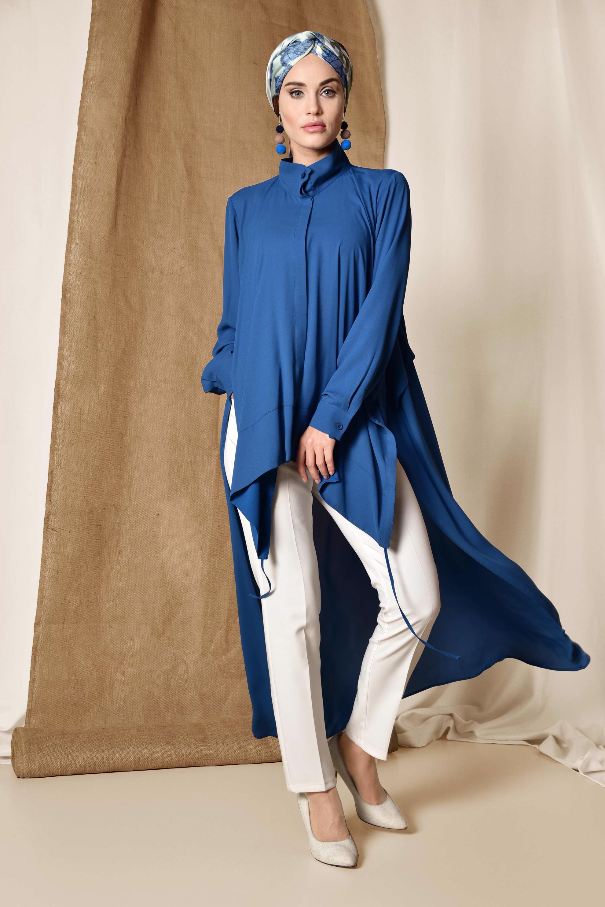 Tesettür giyim LACİVERT VOLANLI ÖNÜ KISA ARKASI UZUN TUNİK 4874