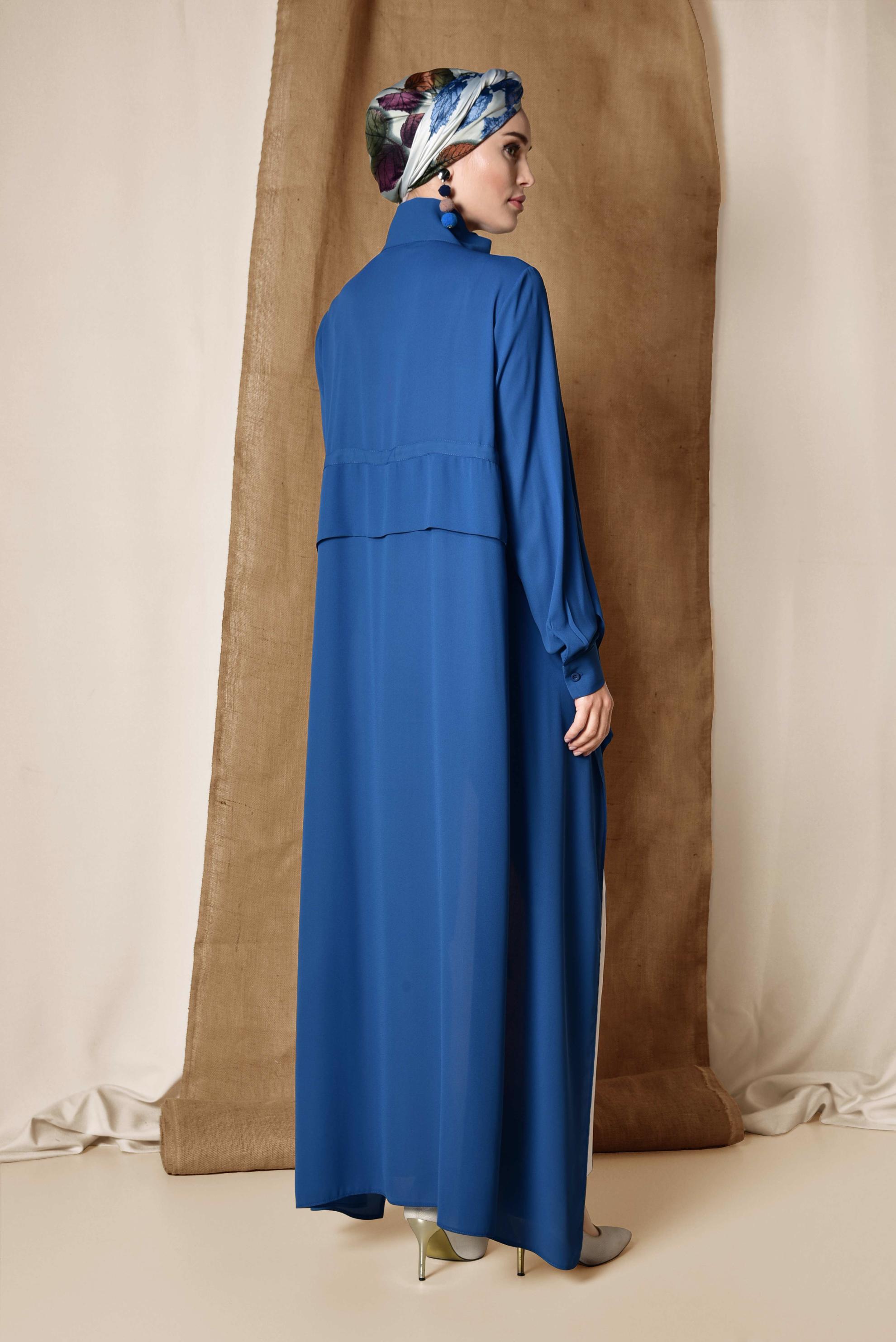 Tesettür giyim LACİVERT VOLANLI ÖNÜ KISA ARKASI UZUN TUNİK 4874