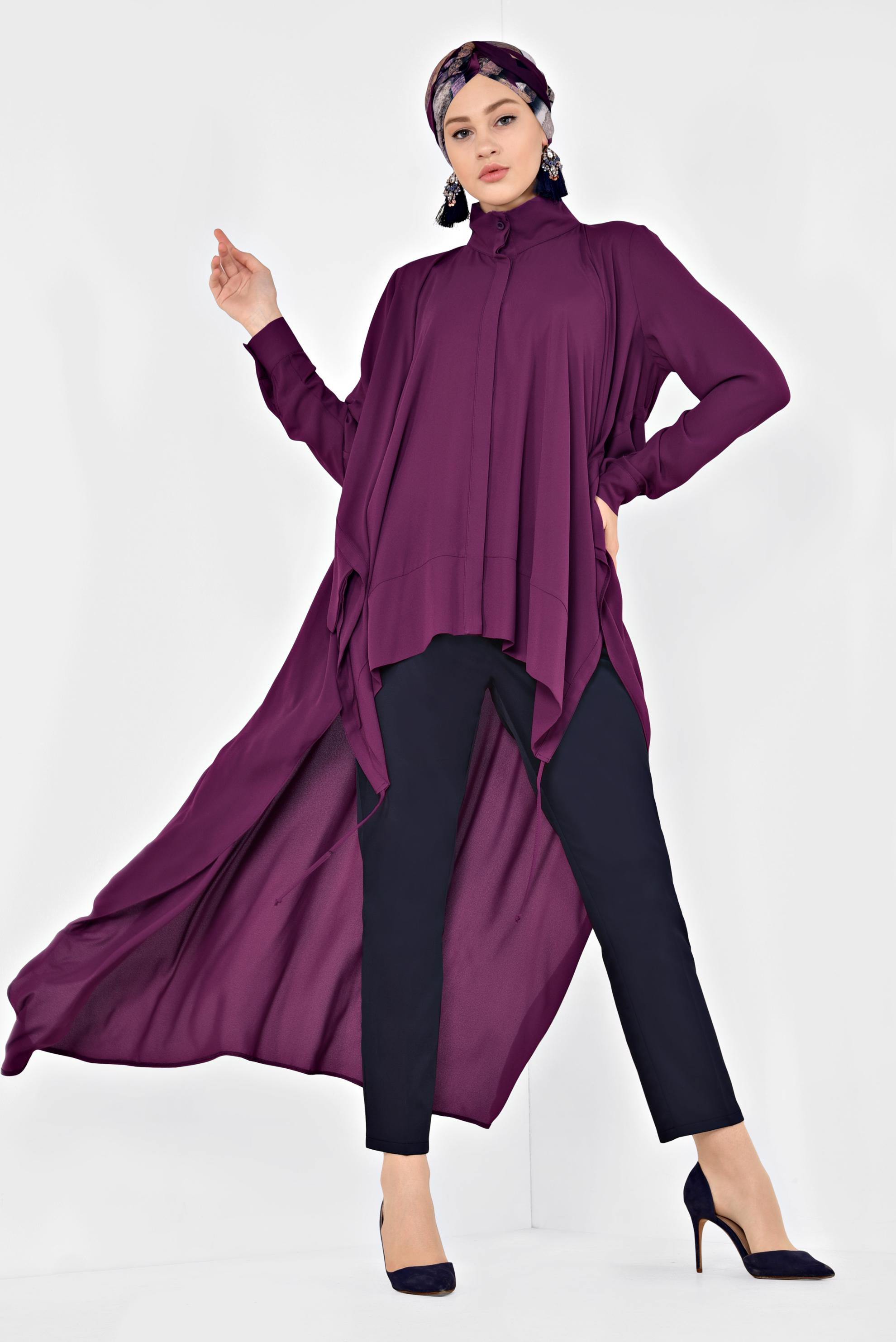 Tesettür giyim MOR VOLANLI ÖNÜ KISA ARKASI UZUN TUNİK 4874