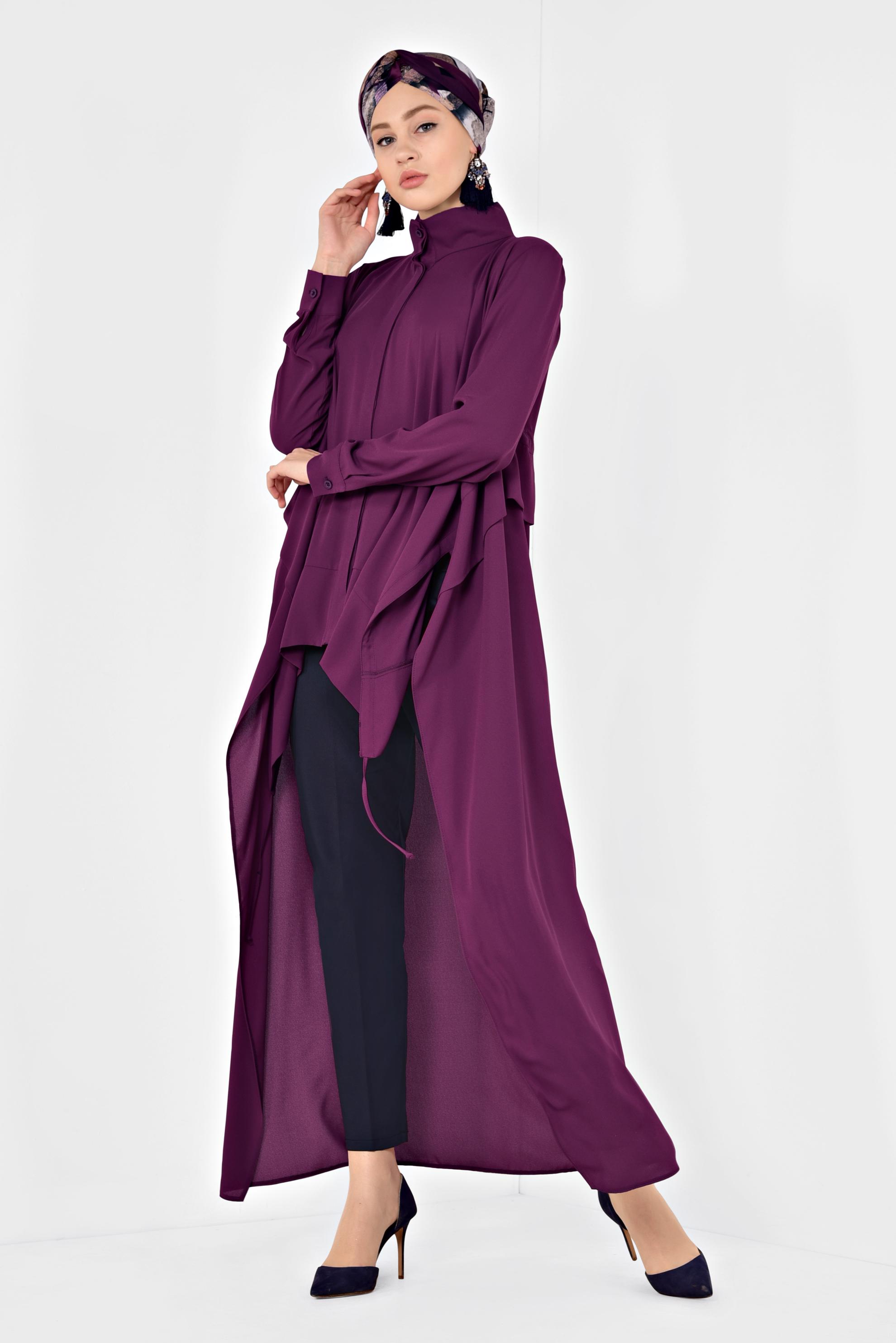 Tesettür giyim MOR VOLANLI ÖNÜ KISA ARKASI UZUN TUNİK 4874