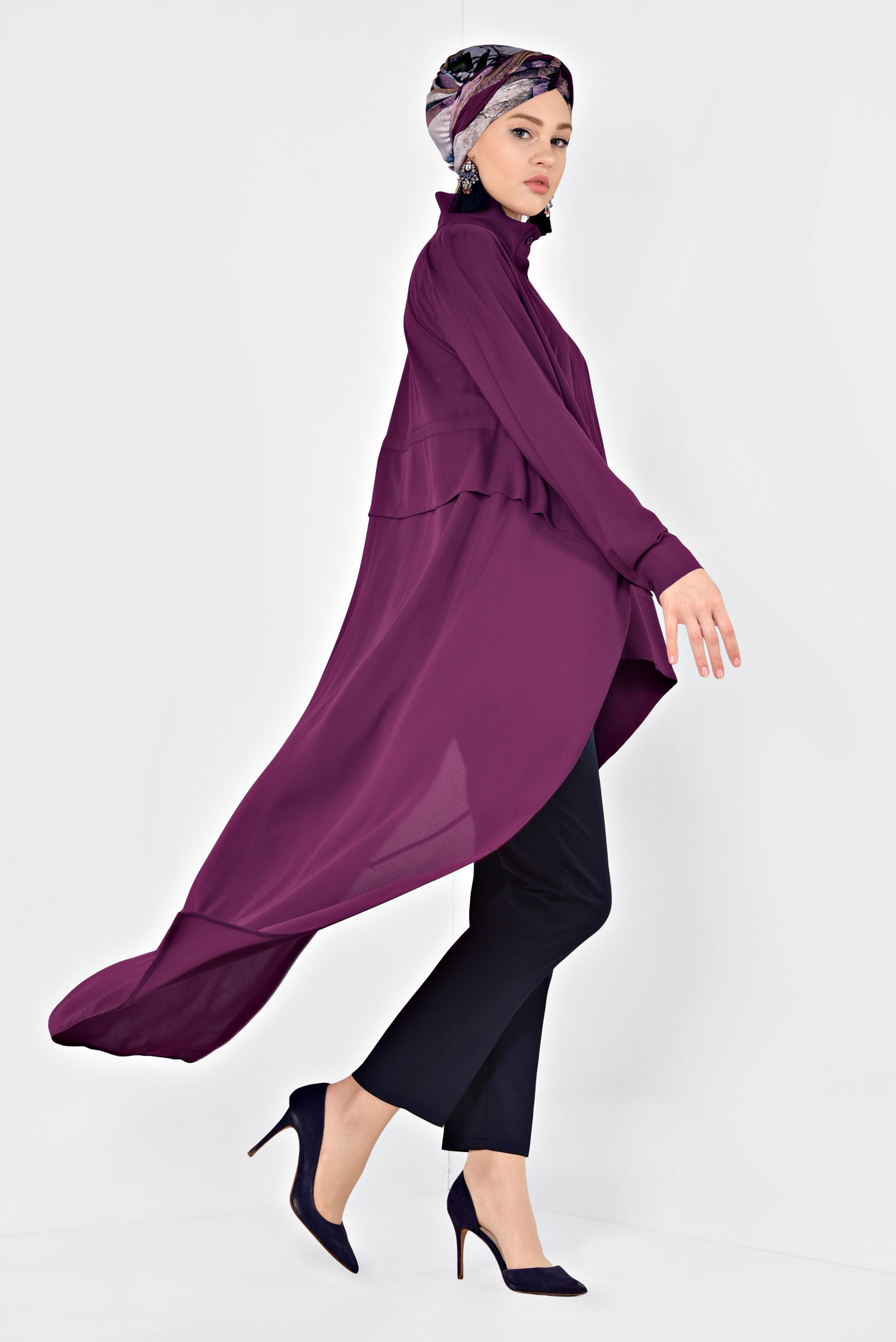 Tesettür giyim MOR VOLANLI ÖNÜ KISA ARKASI UZUN TUNİK 4874