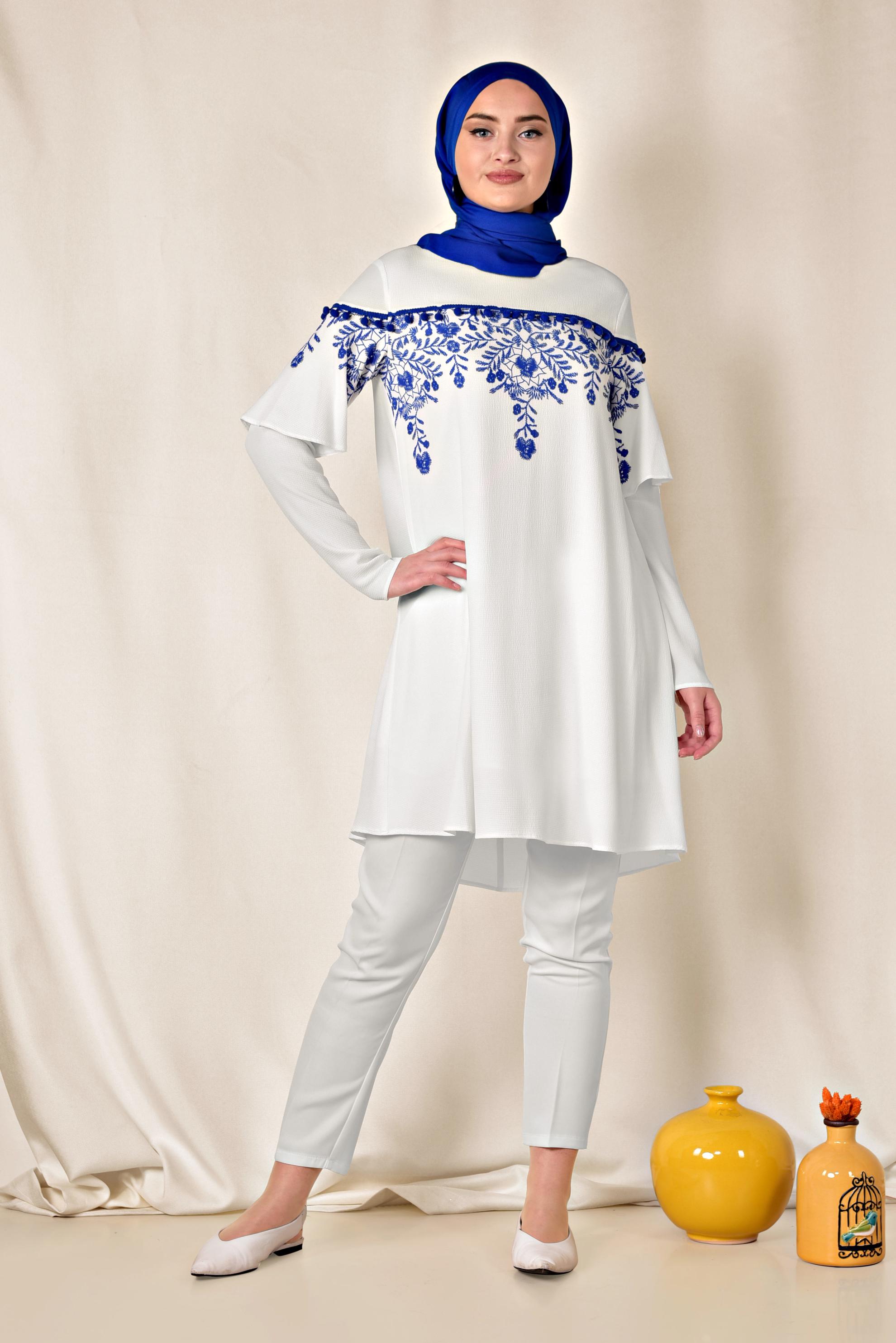 Tesettür giyim BEYAZ BASKILI TUNİK 4876