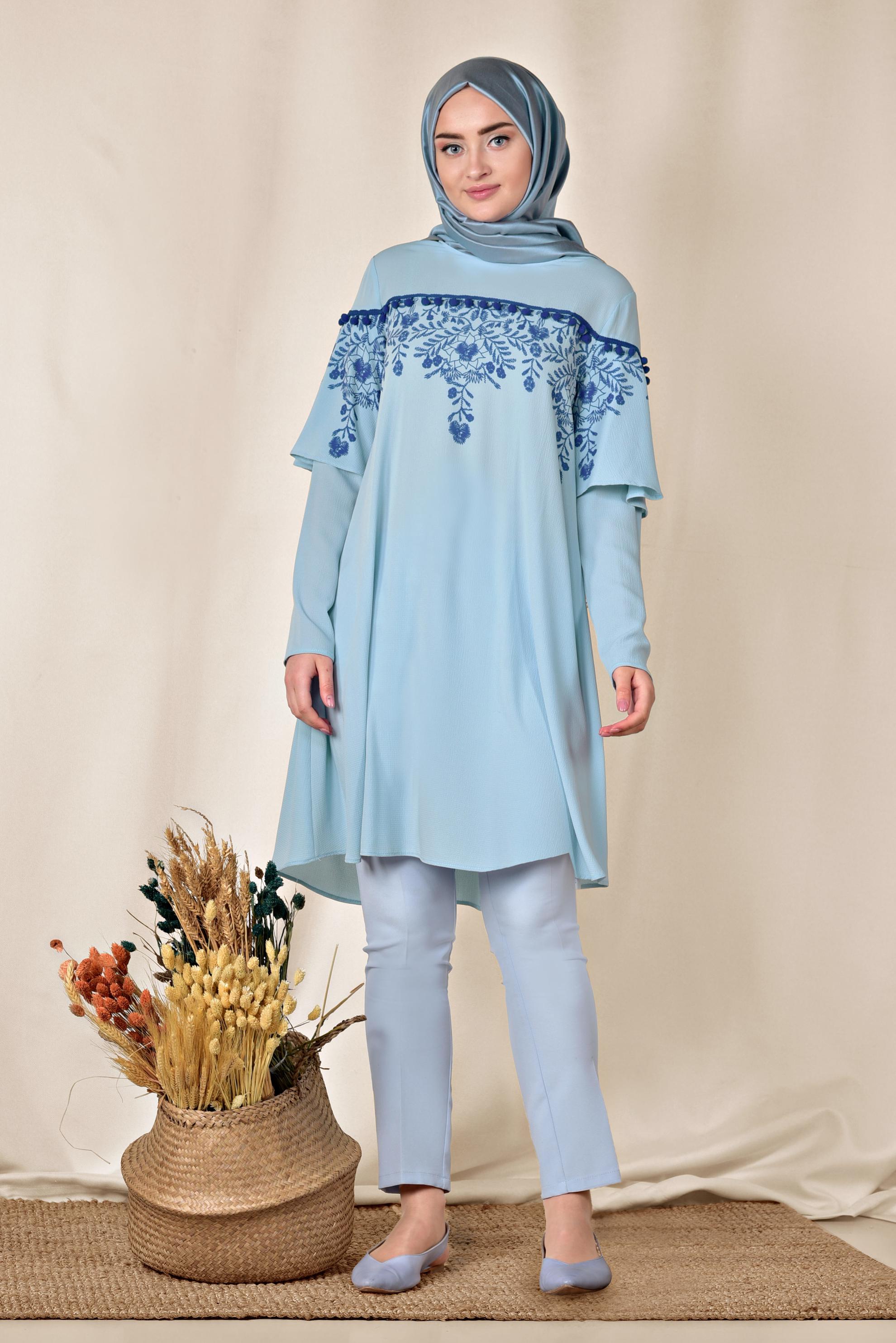 Tesettür giyim MAVİ BASKILI TUNİK 4876