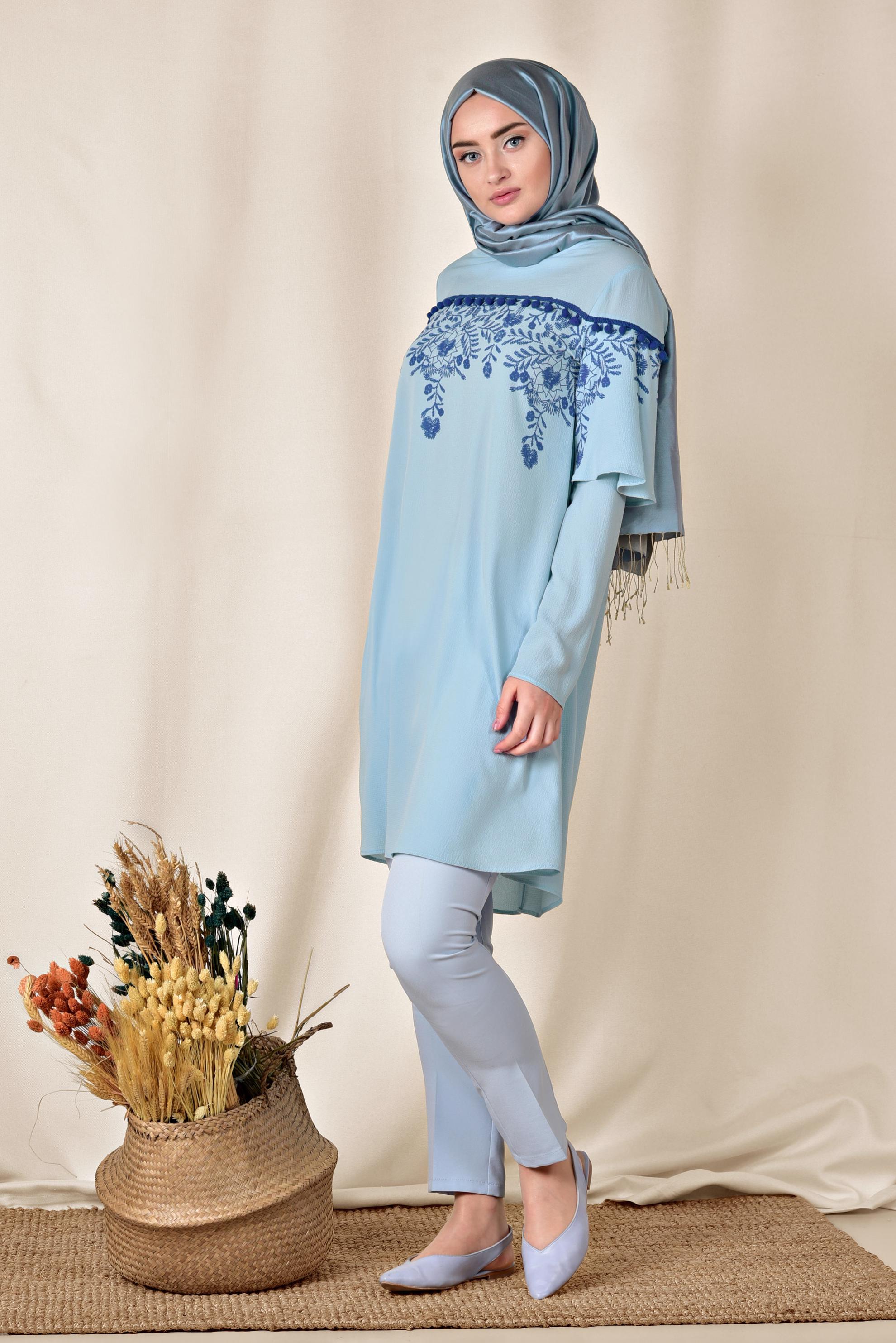 Tesettür giyim MAVİ BASKILI TUNİK 4876