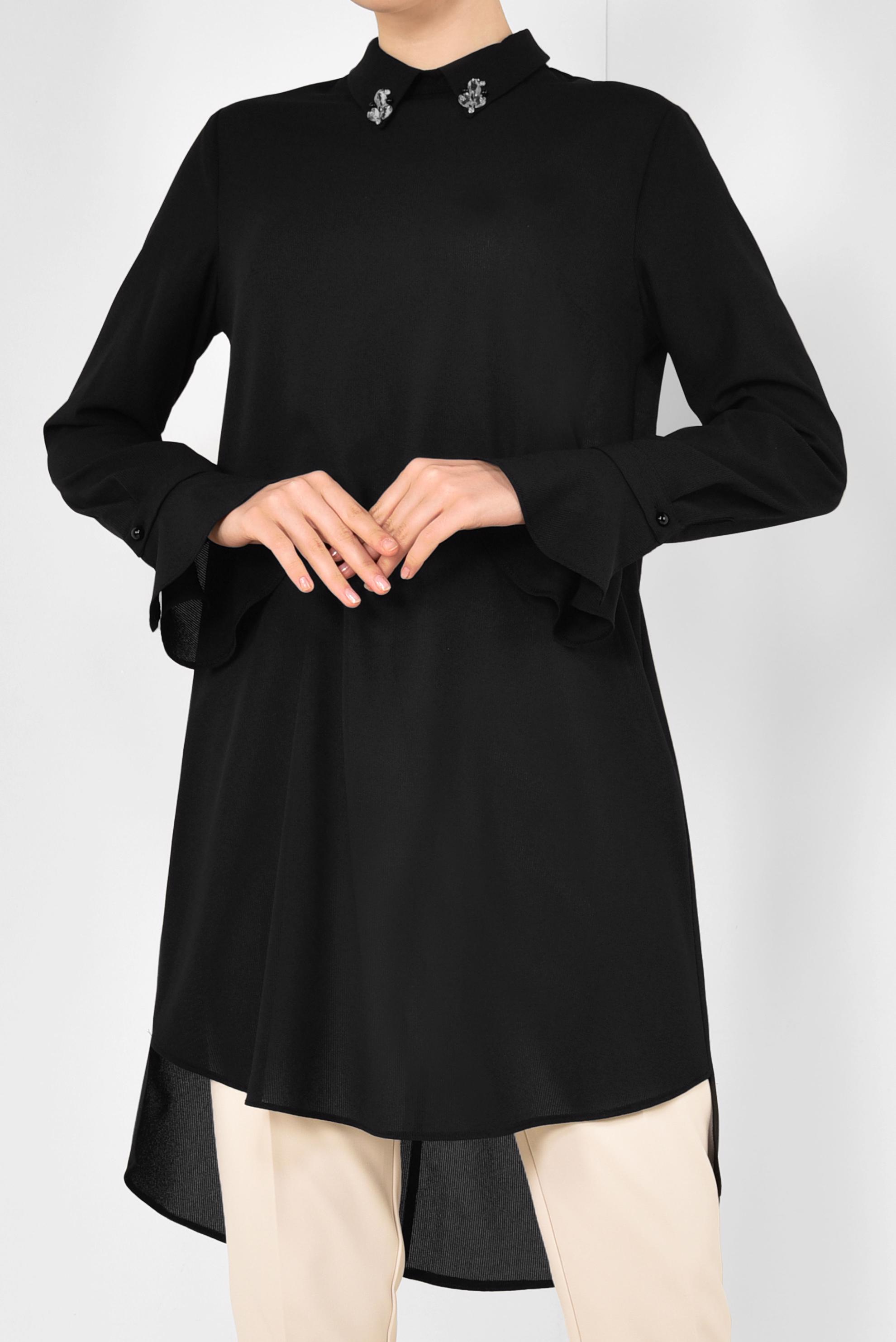 Tesettür giyim SİYAH YAKASI TAŞLI TUNİK 4879