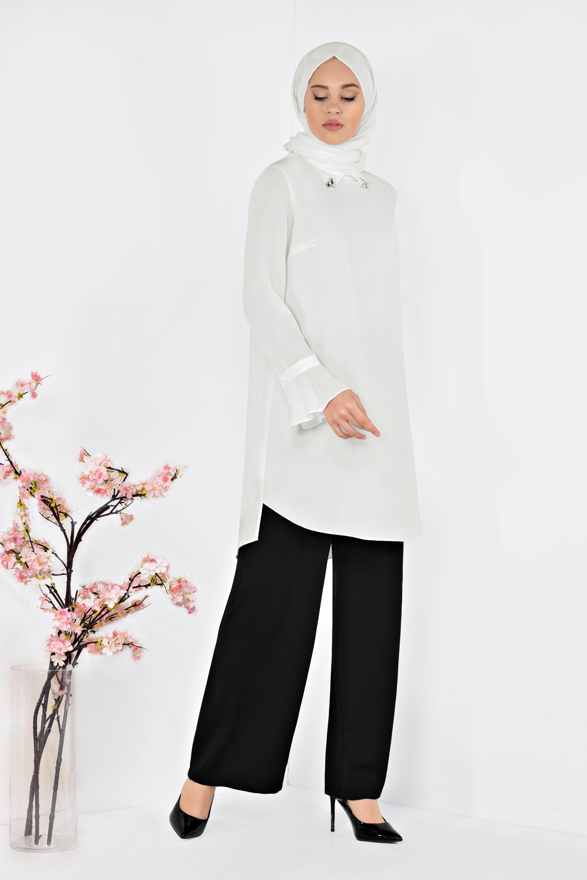 Tesettür giyim BEYAZ YAKASI TAŞLI TUNİK 4879