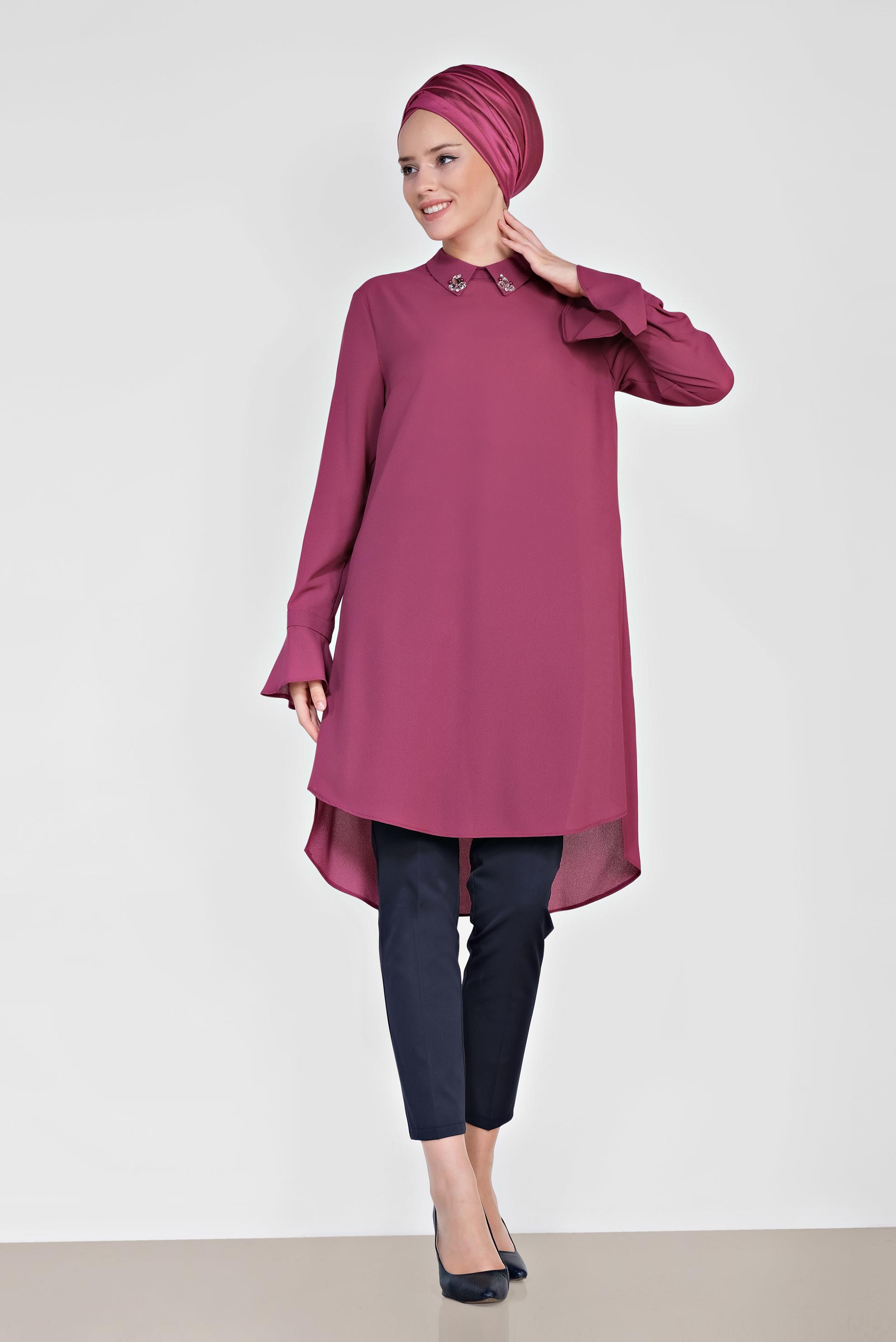 Tesettür giyim MOR YAKASI TAŞLI TUNİK 4879