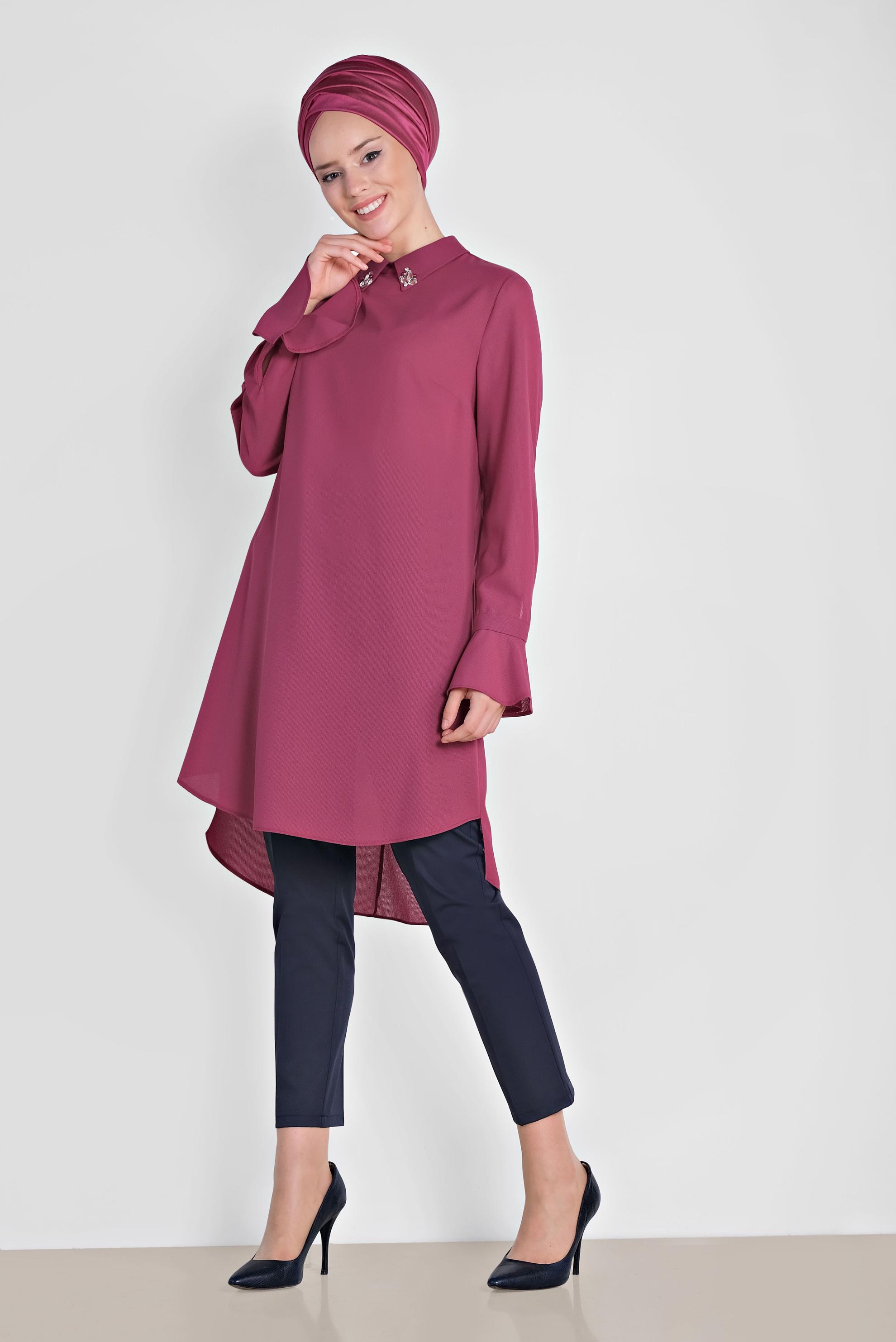 Tesettür giyim MOR YAKASI TAŞLI TUNİK 4879
