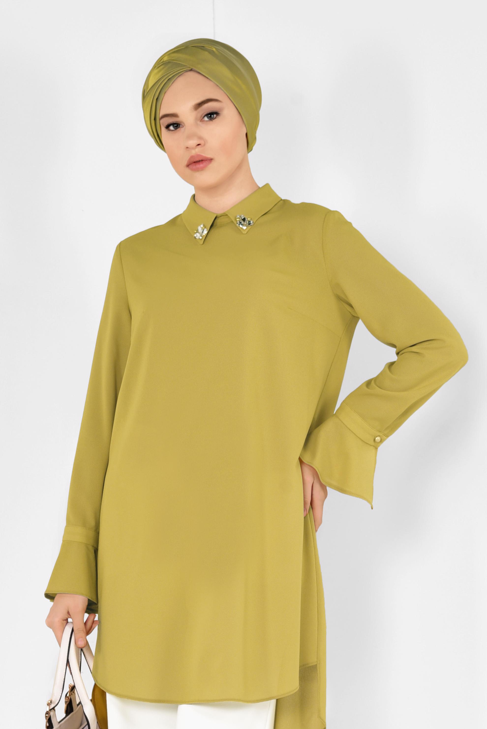 Tesettür giyim SARI YAKASI TAŞLI TUNİK 4879