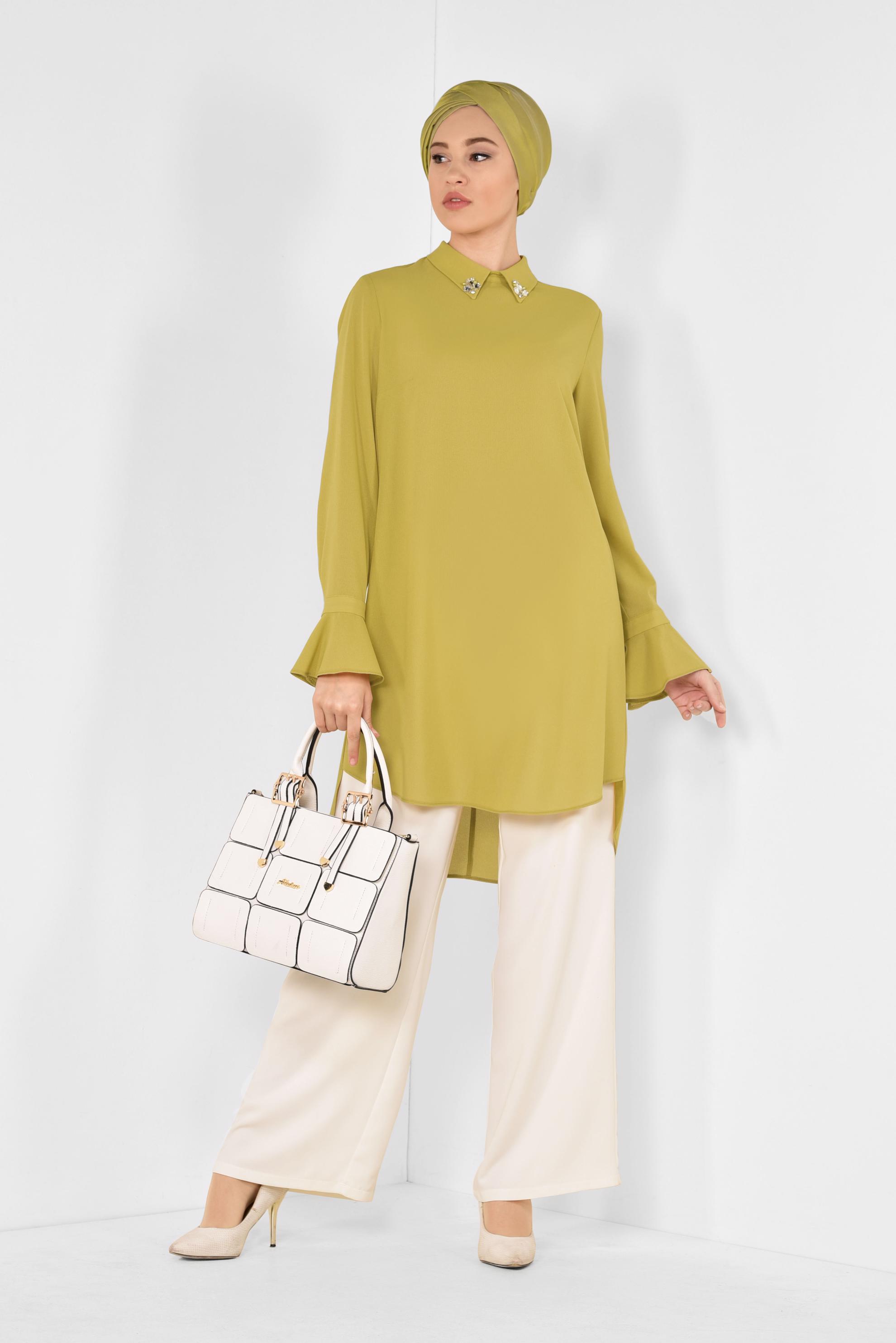 Tesettür giyim SARI YAKASI TAŞLI TUNİK 4879