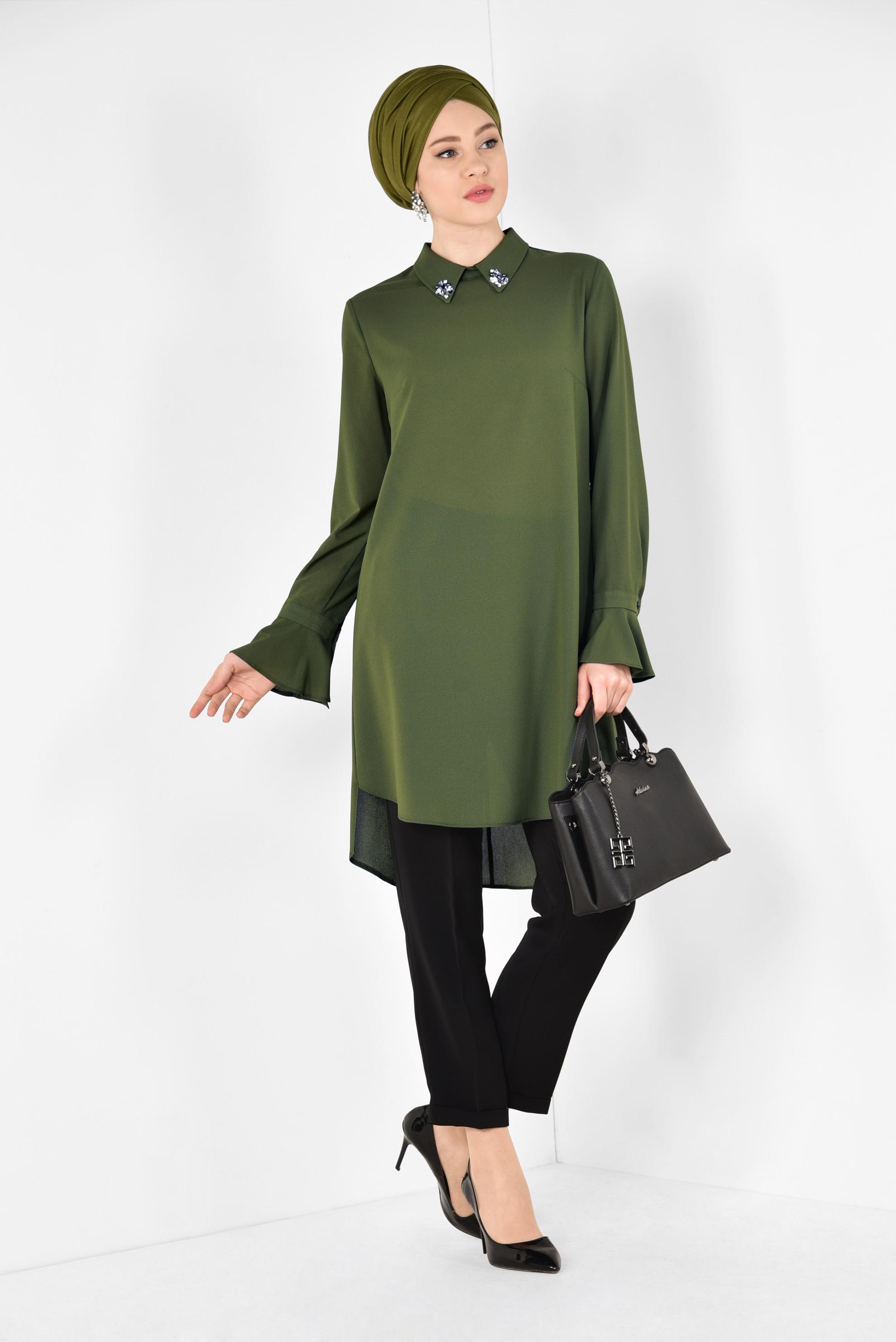 Tesettür giyim HAKİ YAKASI TAŞLI TUNİK 4879