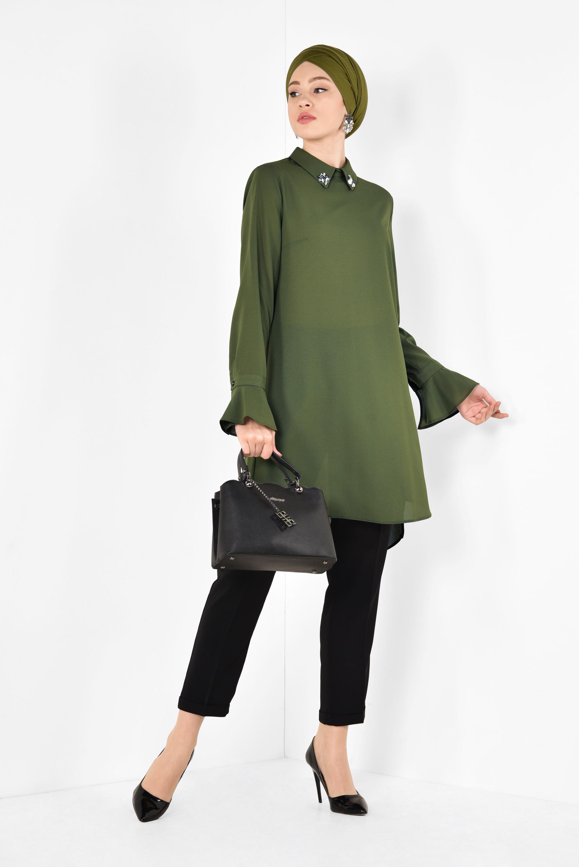 Tesettür giyim HAKİ YAKASI TAŞLI TUNİK 4879