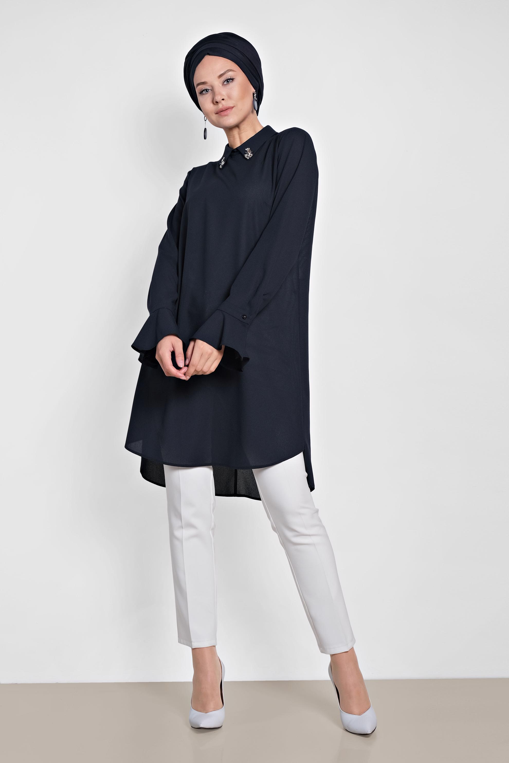 Tesettür giyim LACİVERT YAKASI TAŞLI TUNİK 4879