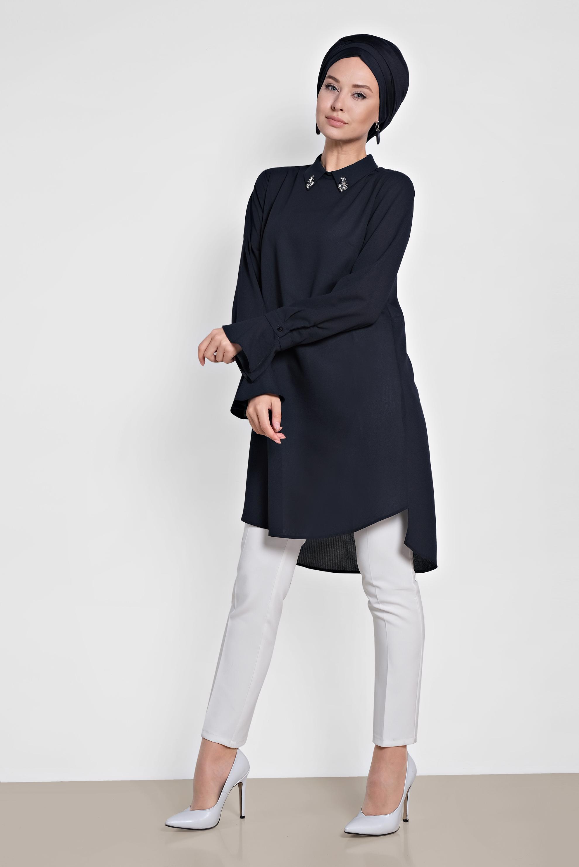Tesettür giyim LACİVERT YAKASI TAŞLI TUNİK 4879