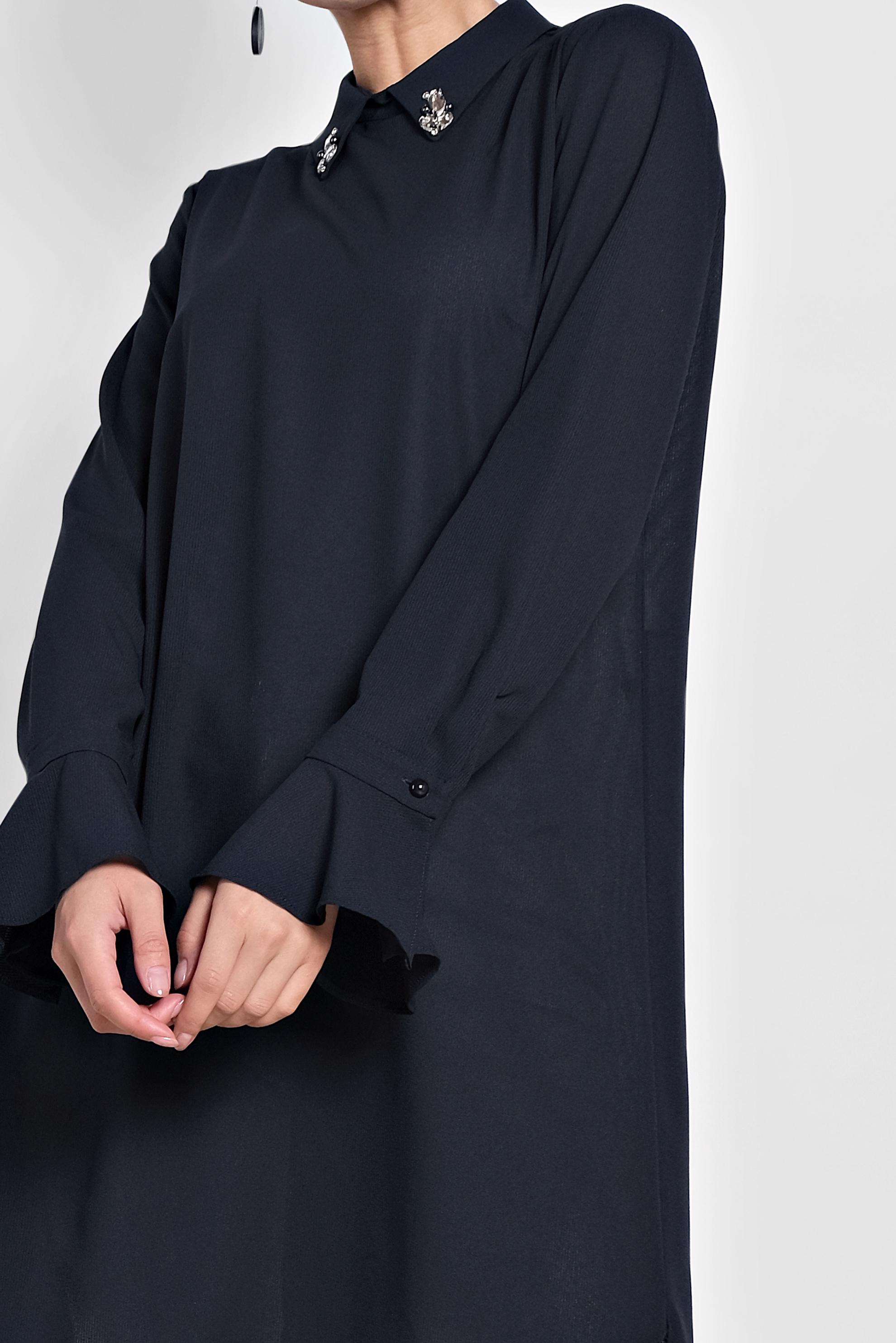 Tesettür giyim LACİVERT YAKASI TAŞLI TUNİK 4879