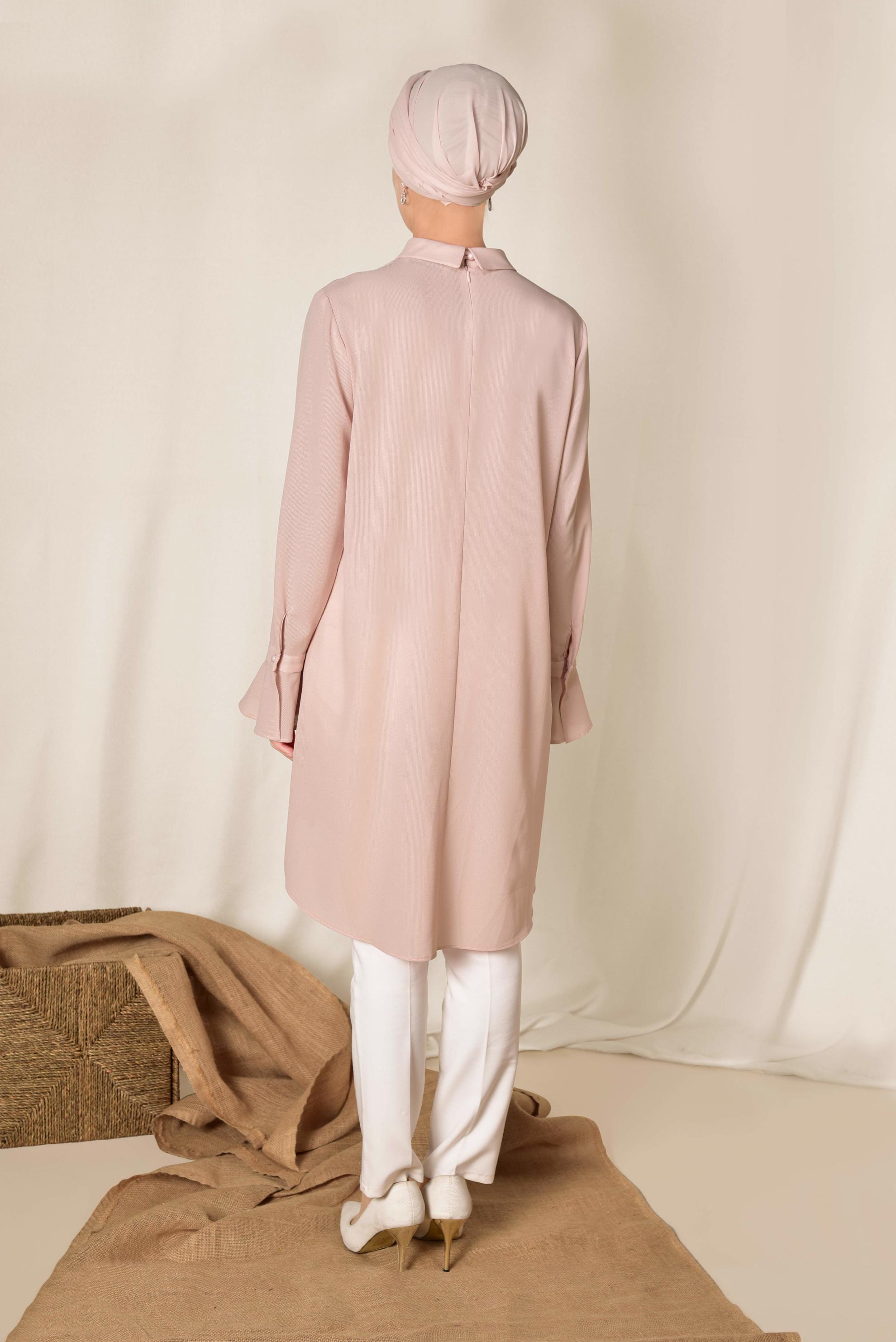 Tesettür giyim PUDRA YAKASI TAŞLI TUNİK 4879