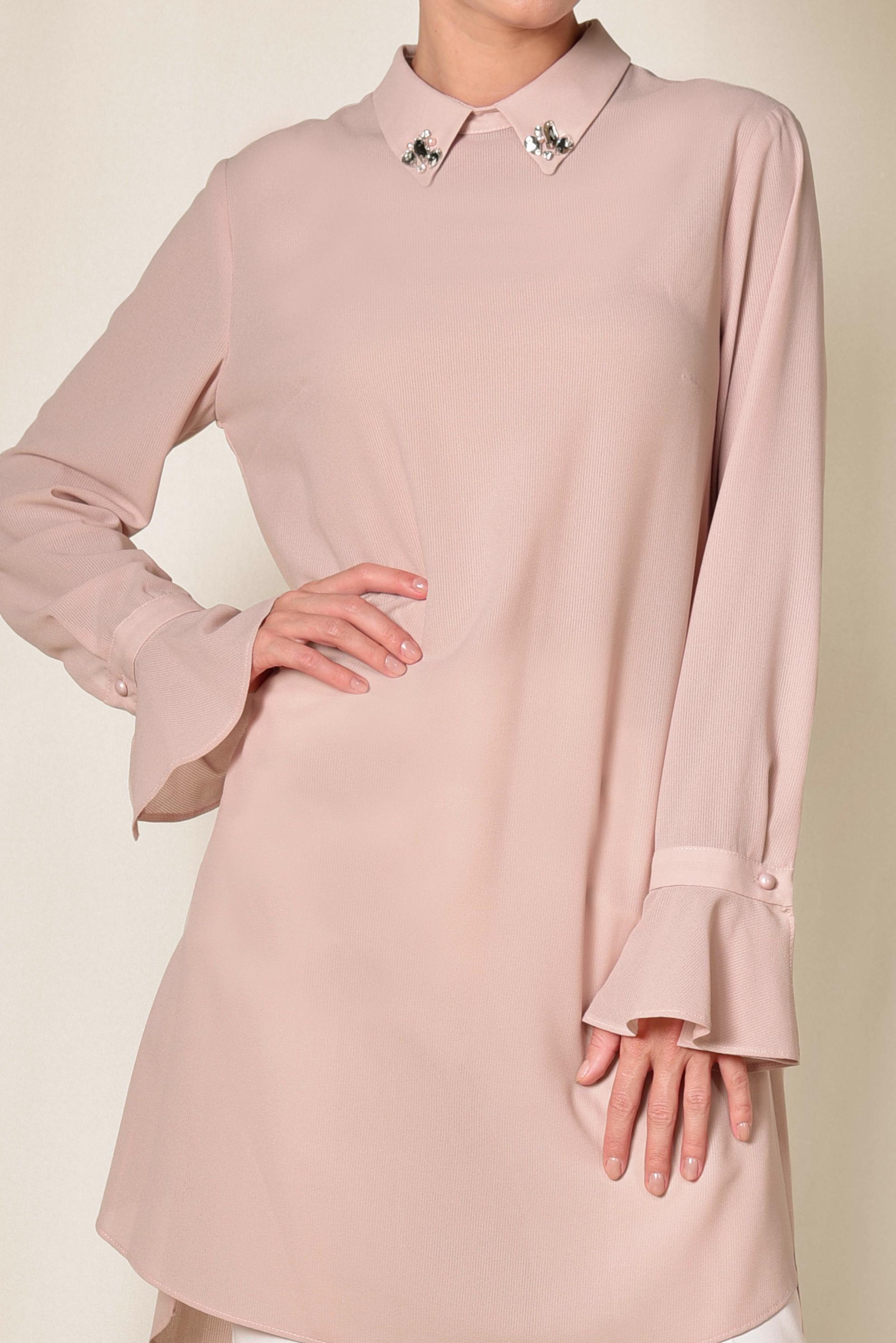 Tesettür giyim PUDRA YAKASI TAŞLI TUNİK 4879