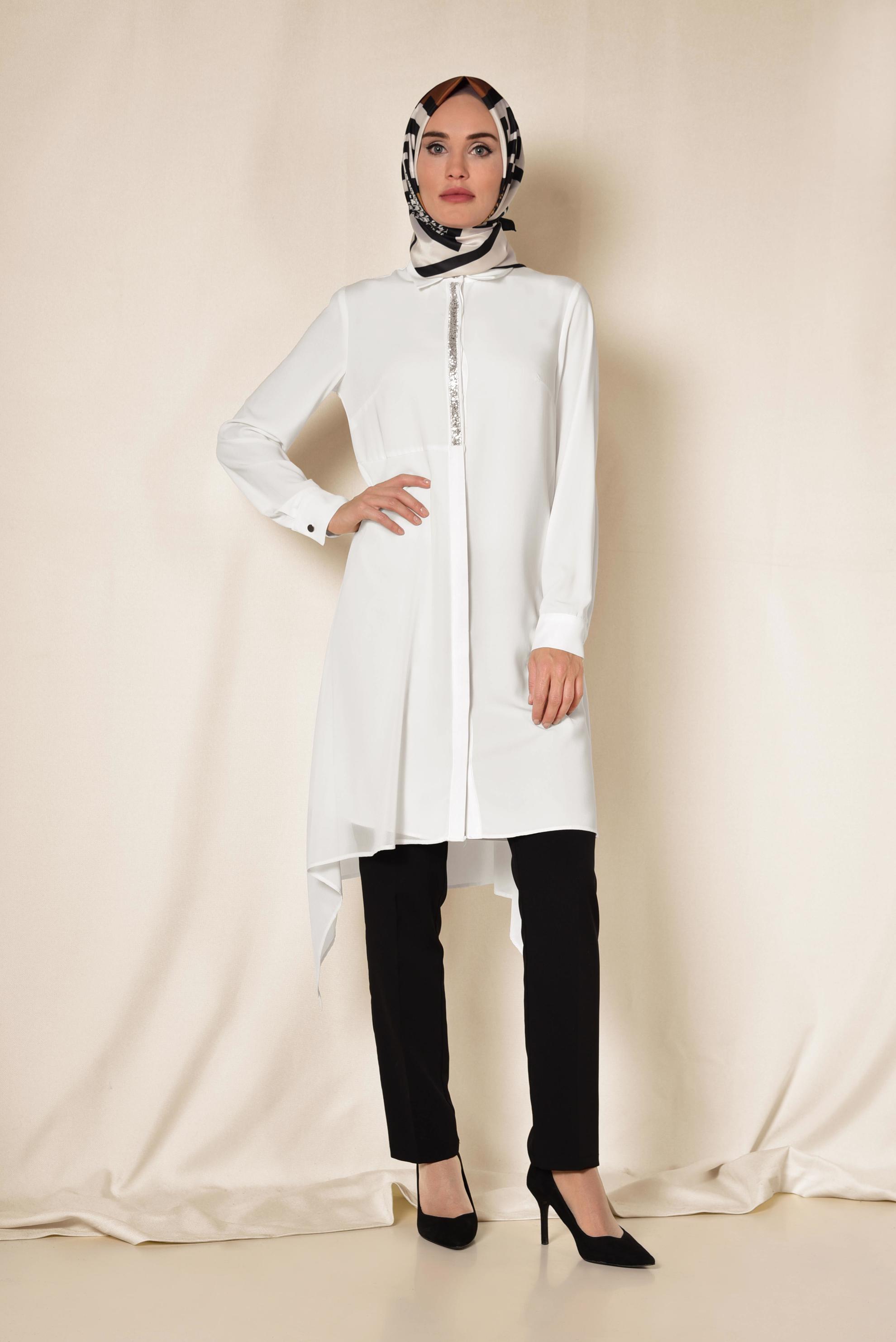 Tesettür giyim BEYAZ ŞİFON KLASİK TUNİK 4883
