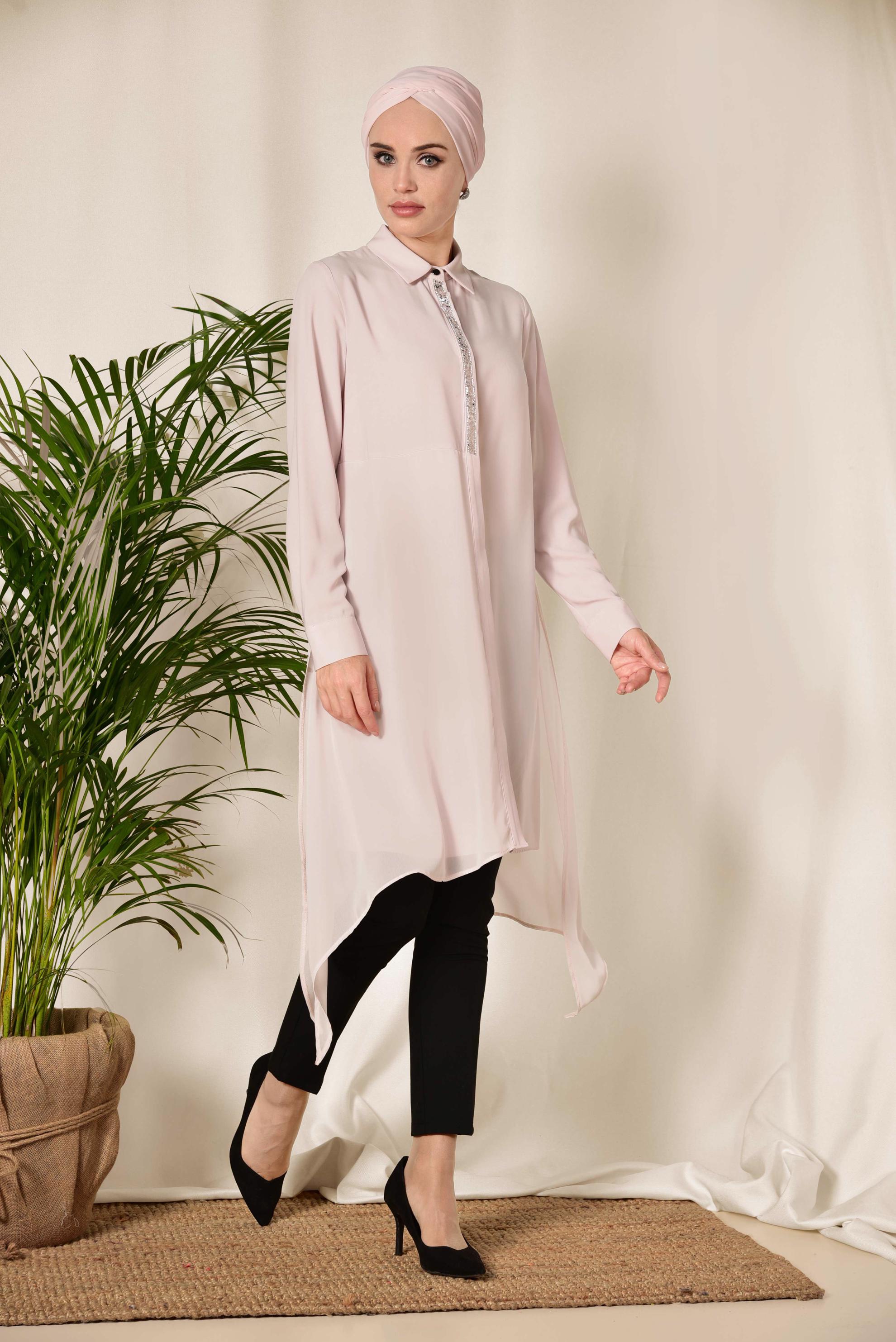 Tesettür giyim PUDRA ŞİFON KLASİK TUNİK 4883
