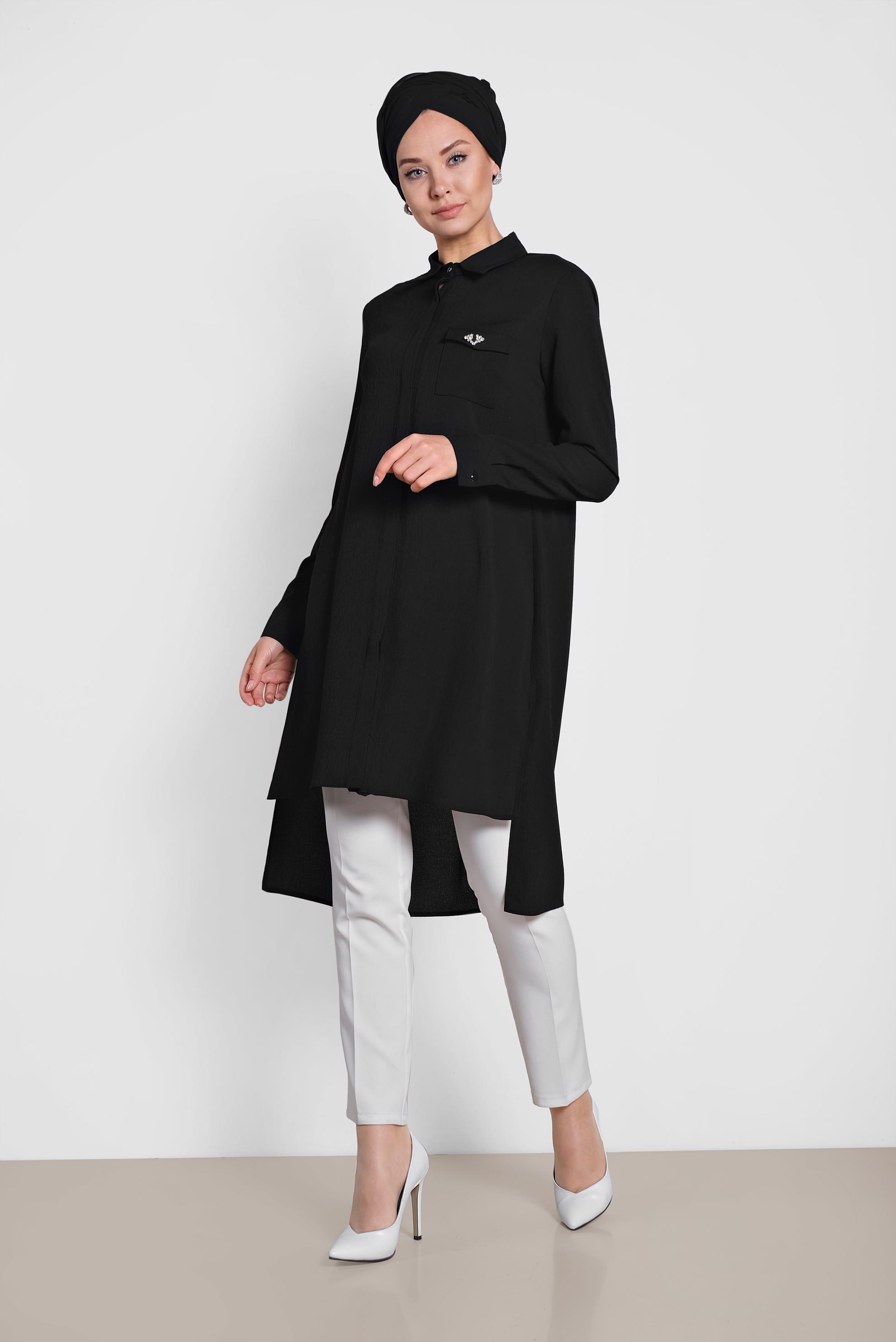 Tesettür giyim SİYAH ASİMETRİK KESİM TUNİK 4884