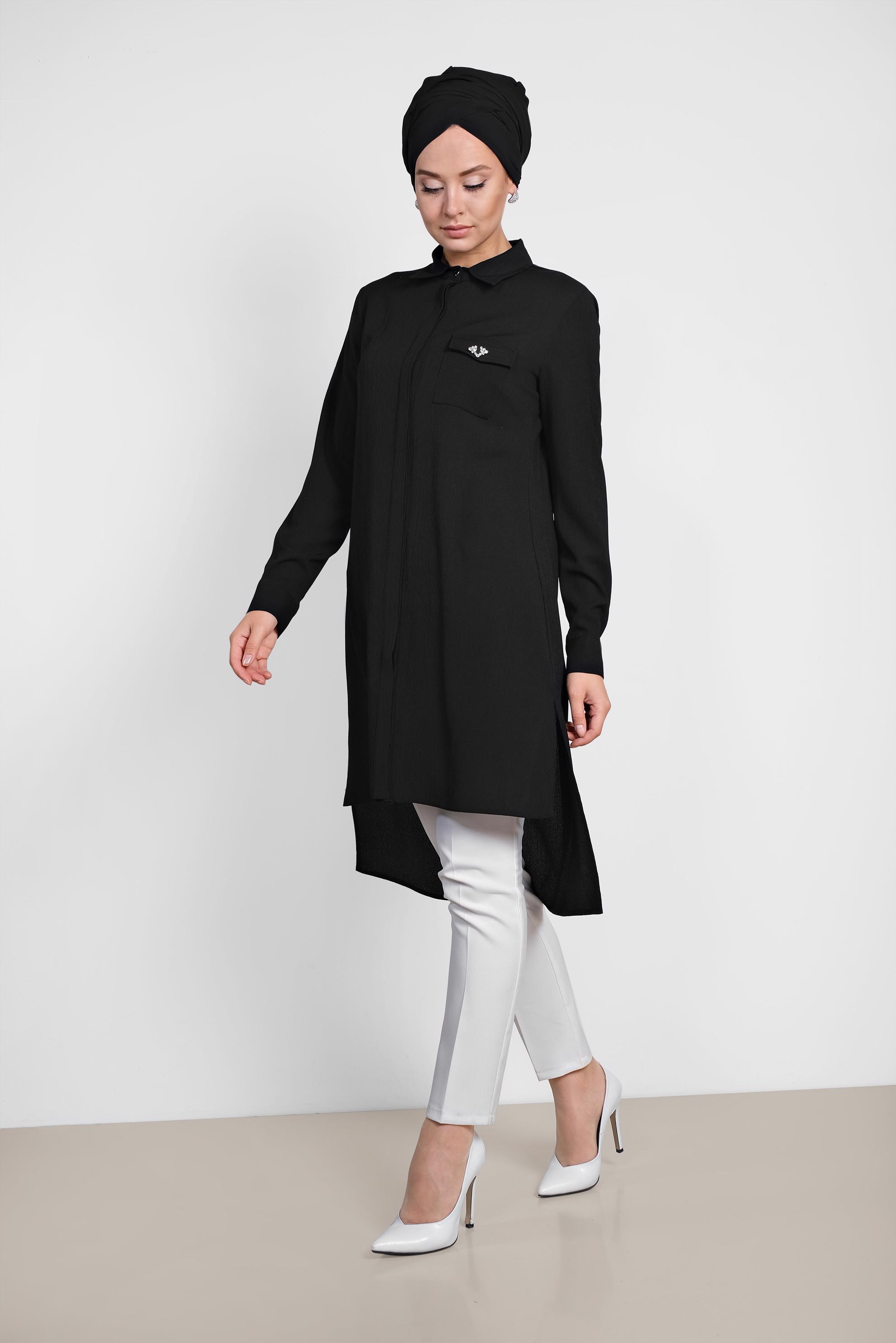 Tesettür giyim SİYAH ASİMETRİK KESİM TUNİK 4884