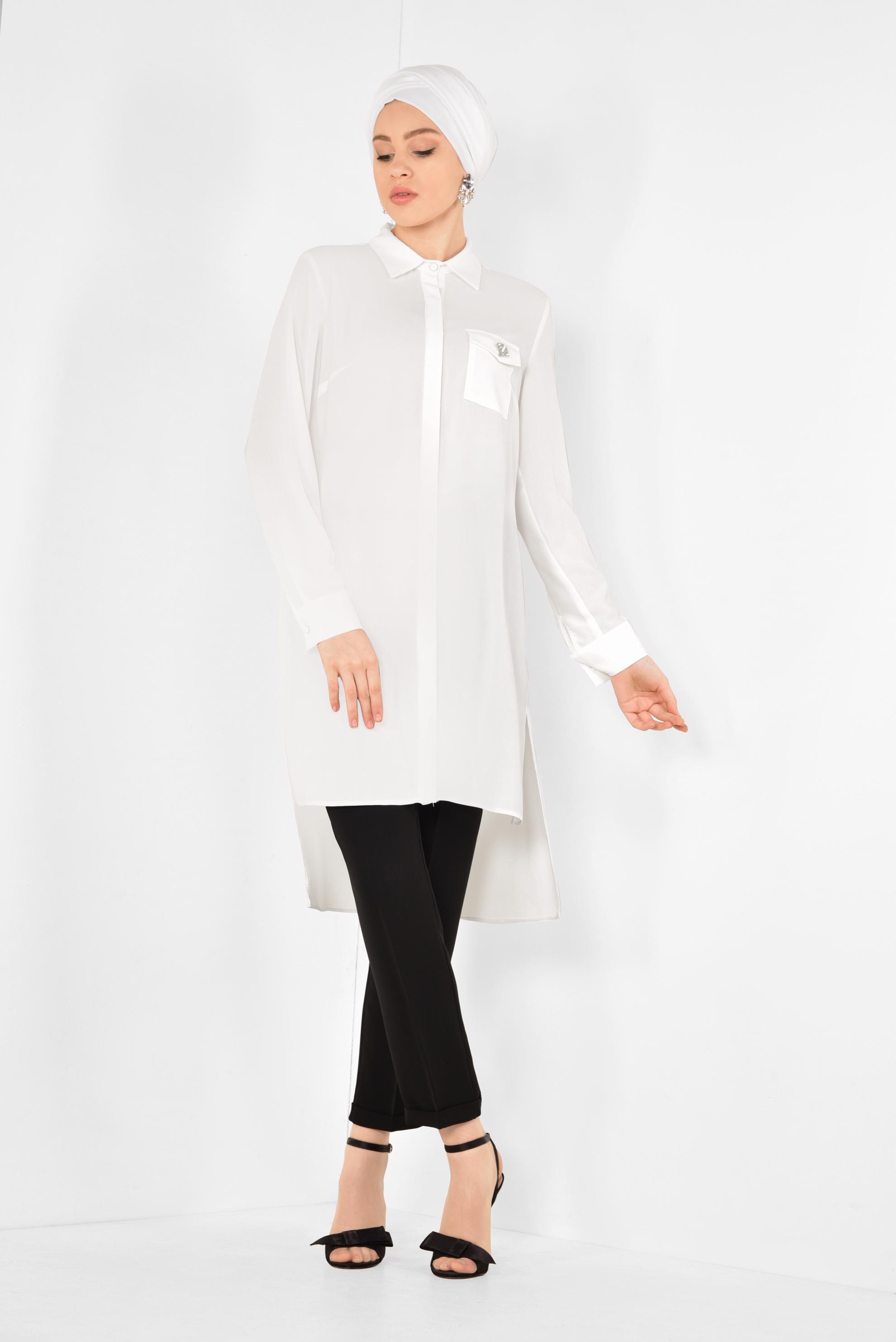 Tesettür giyim BEYAZ ASİMETRİK KESİM TUNİK 4884