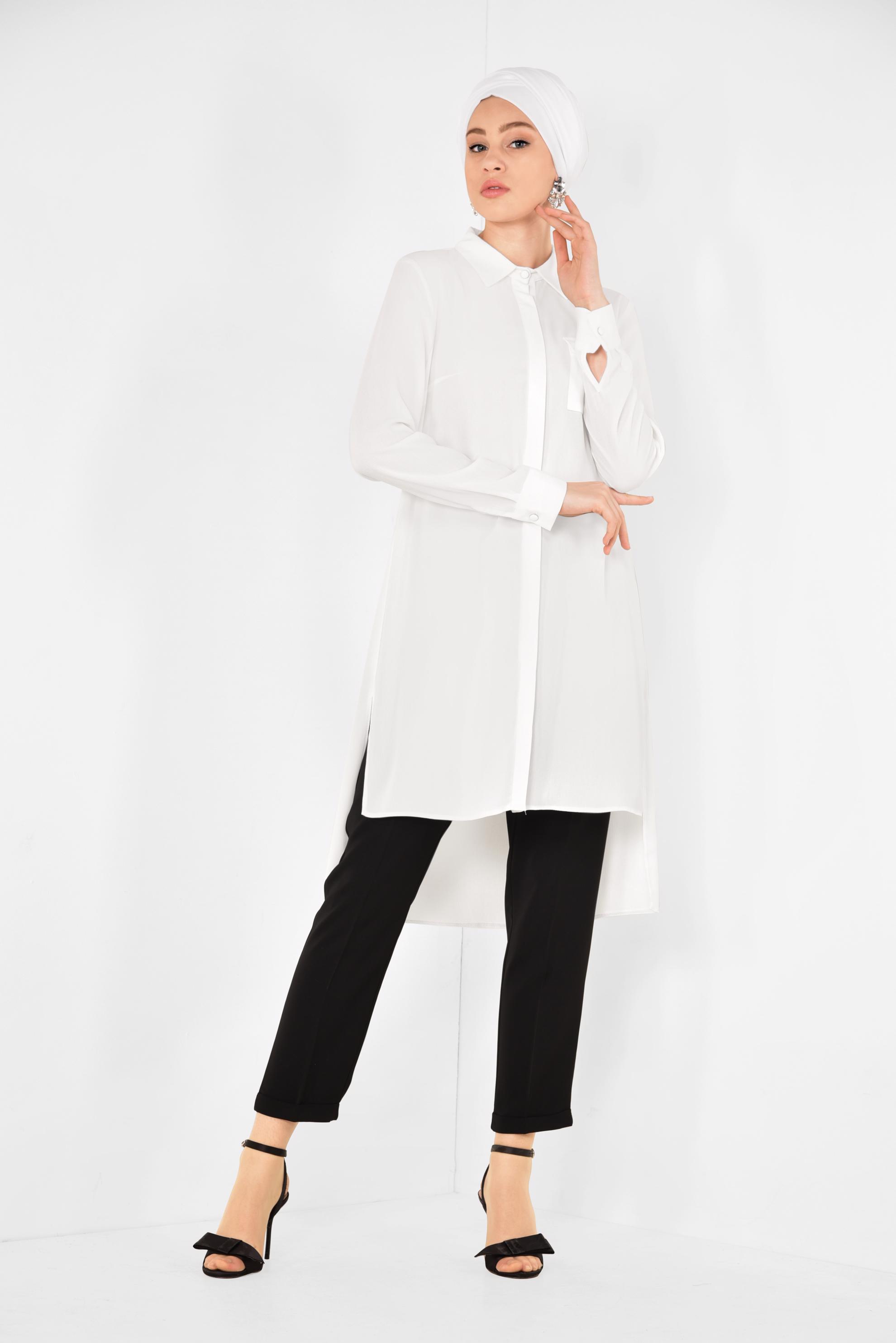 Tesettür giyim BEYAZ ASİMETRİK KESİM TUNİK 4884