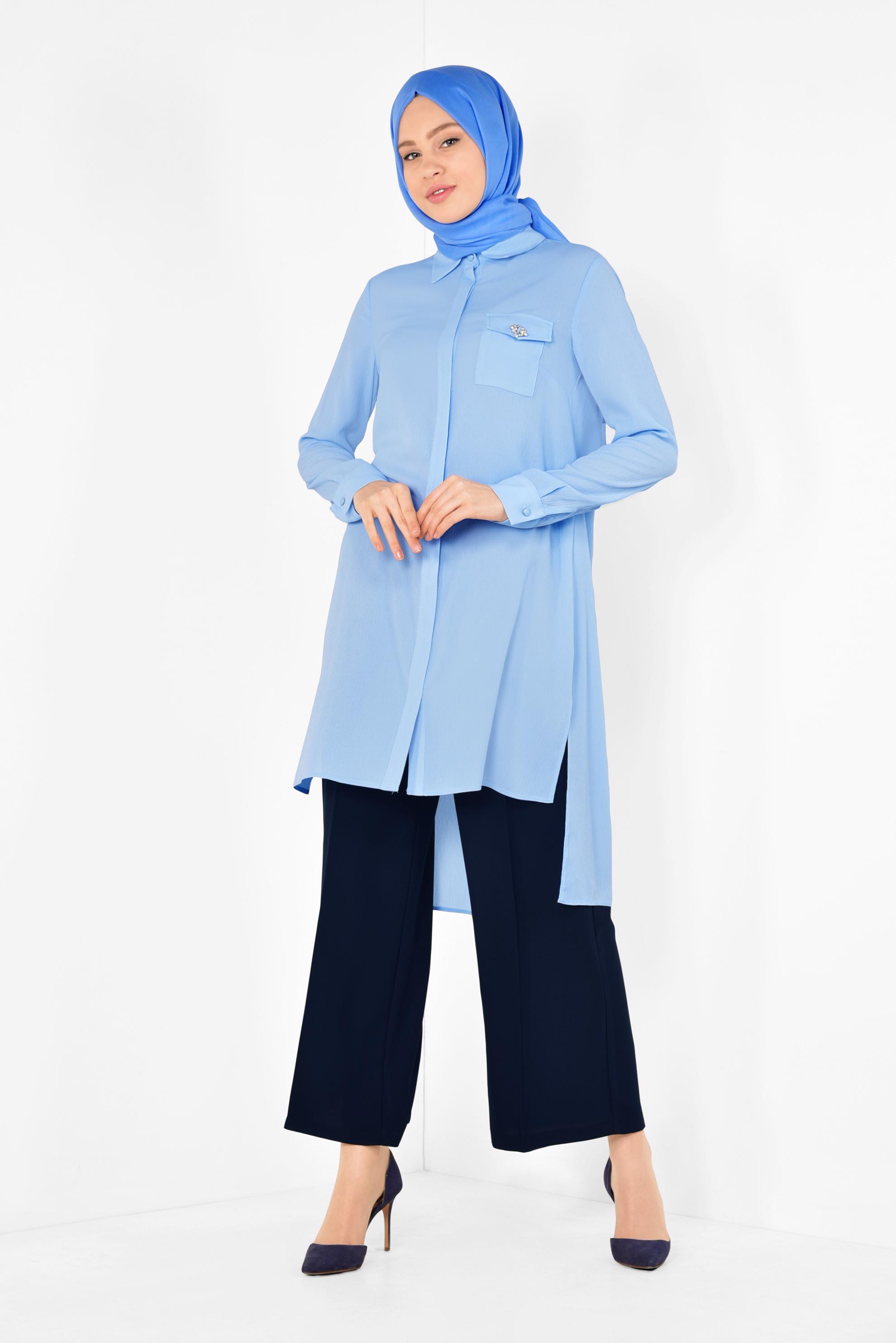 Tesettür giyim MAVİ ASİMETRİK KESİM TUNİK 4884