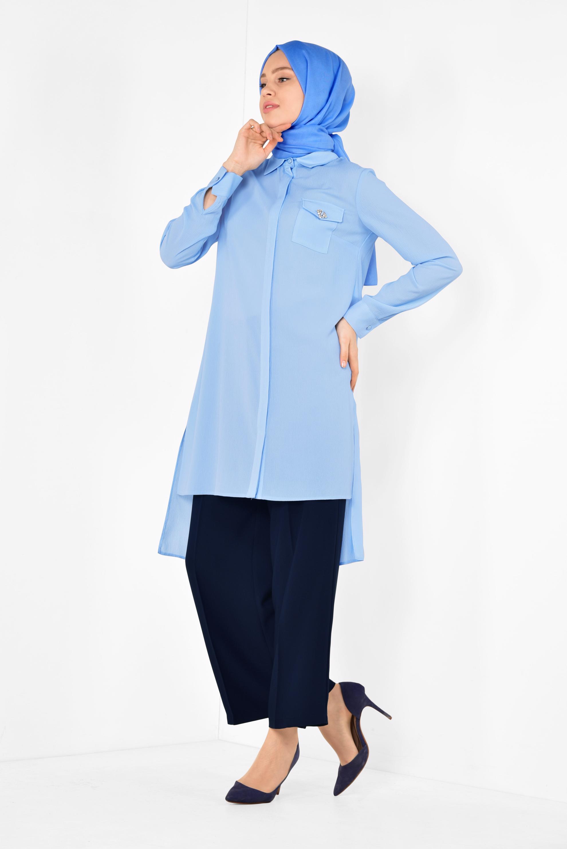 Tesettür giyim MAVİ ASİMETRİK KESİM TUNİK 4884