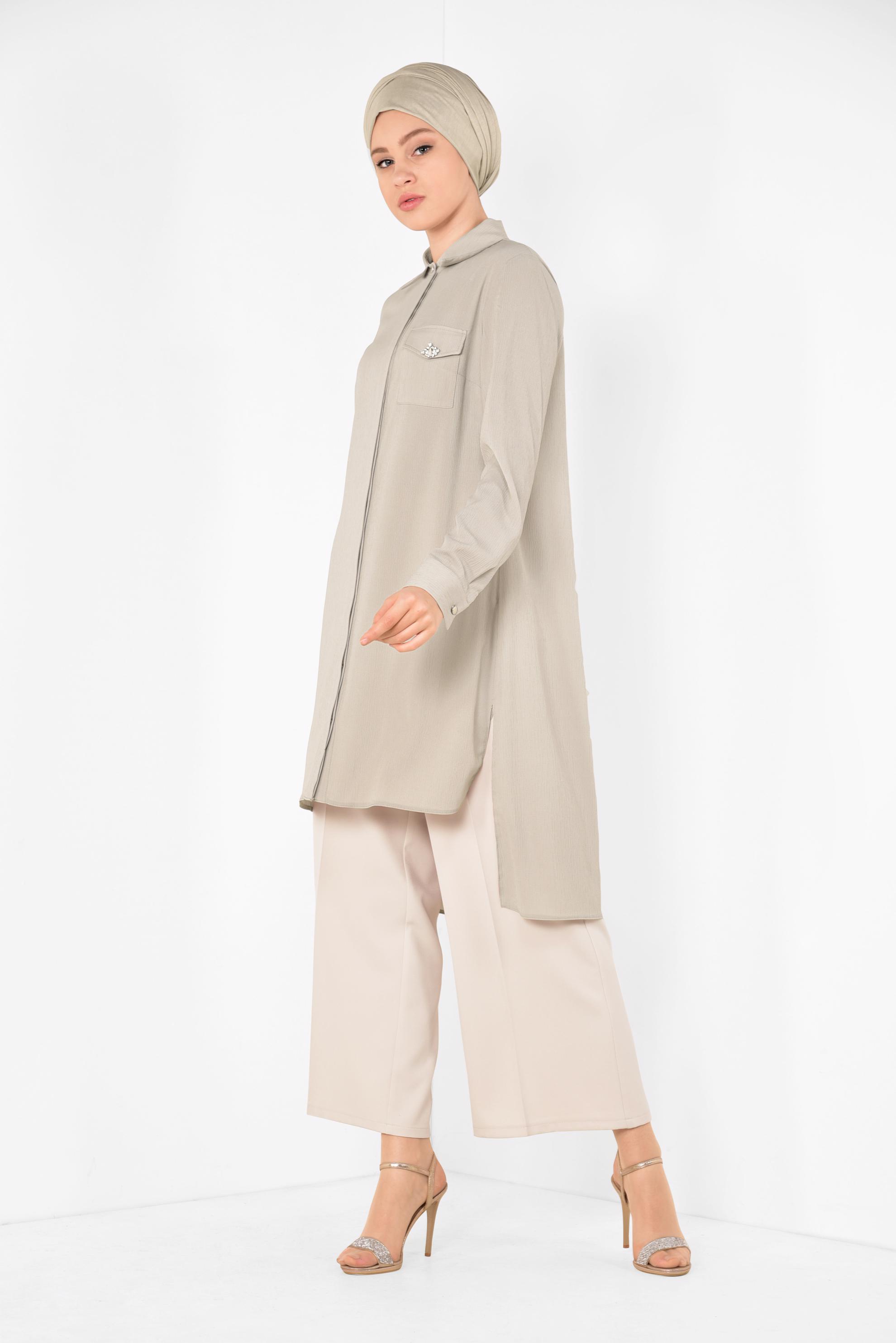 Tesettür giyim BEJ ASİMETRİK KESİM TUNİK 4884