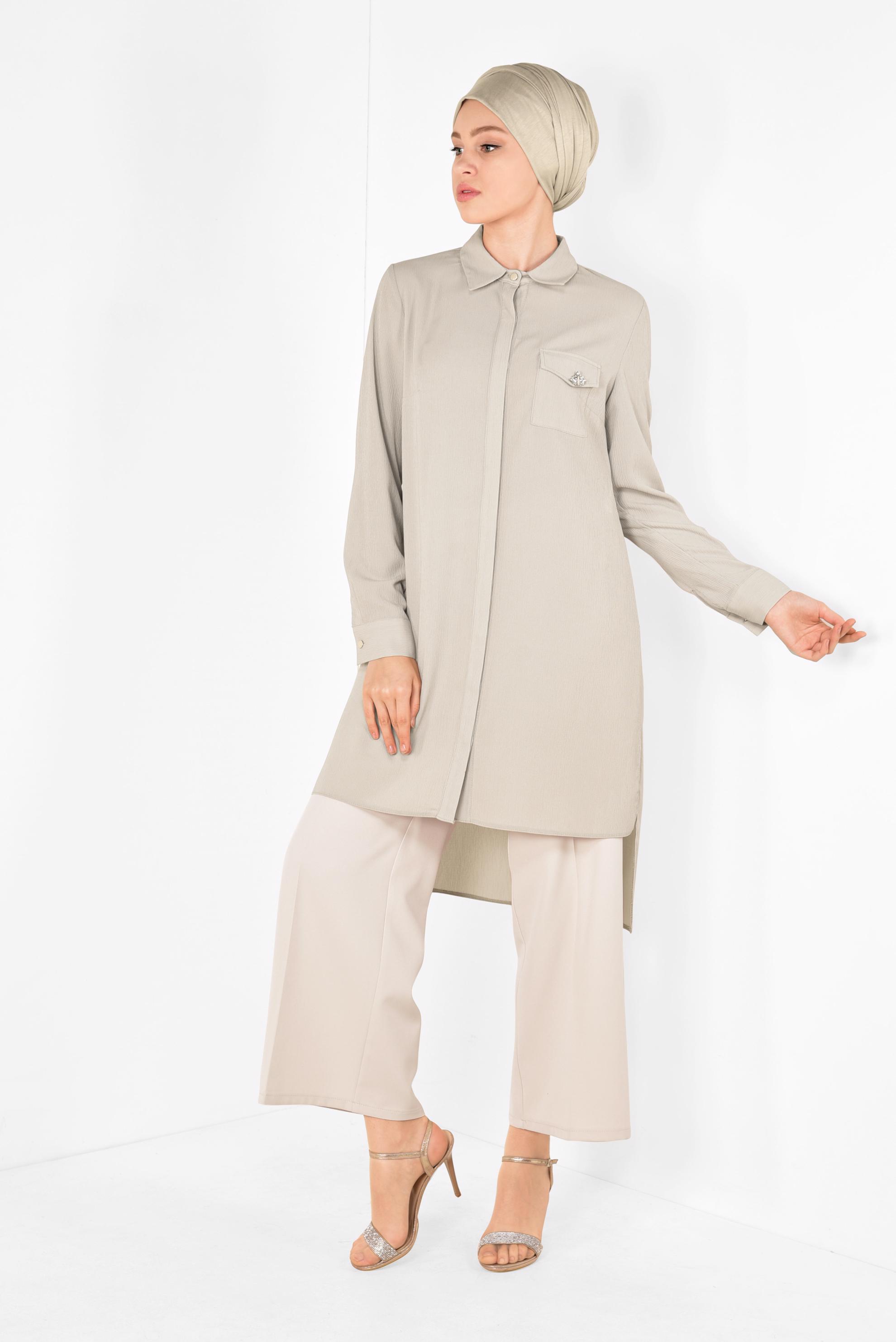 Tesettür giyim BEJ ASİMETRİK KESİM TUNİK 4884