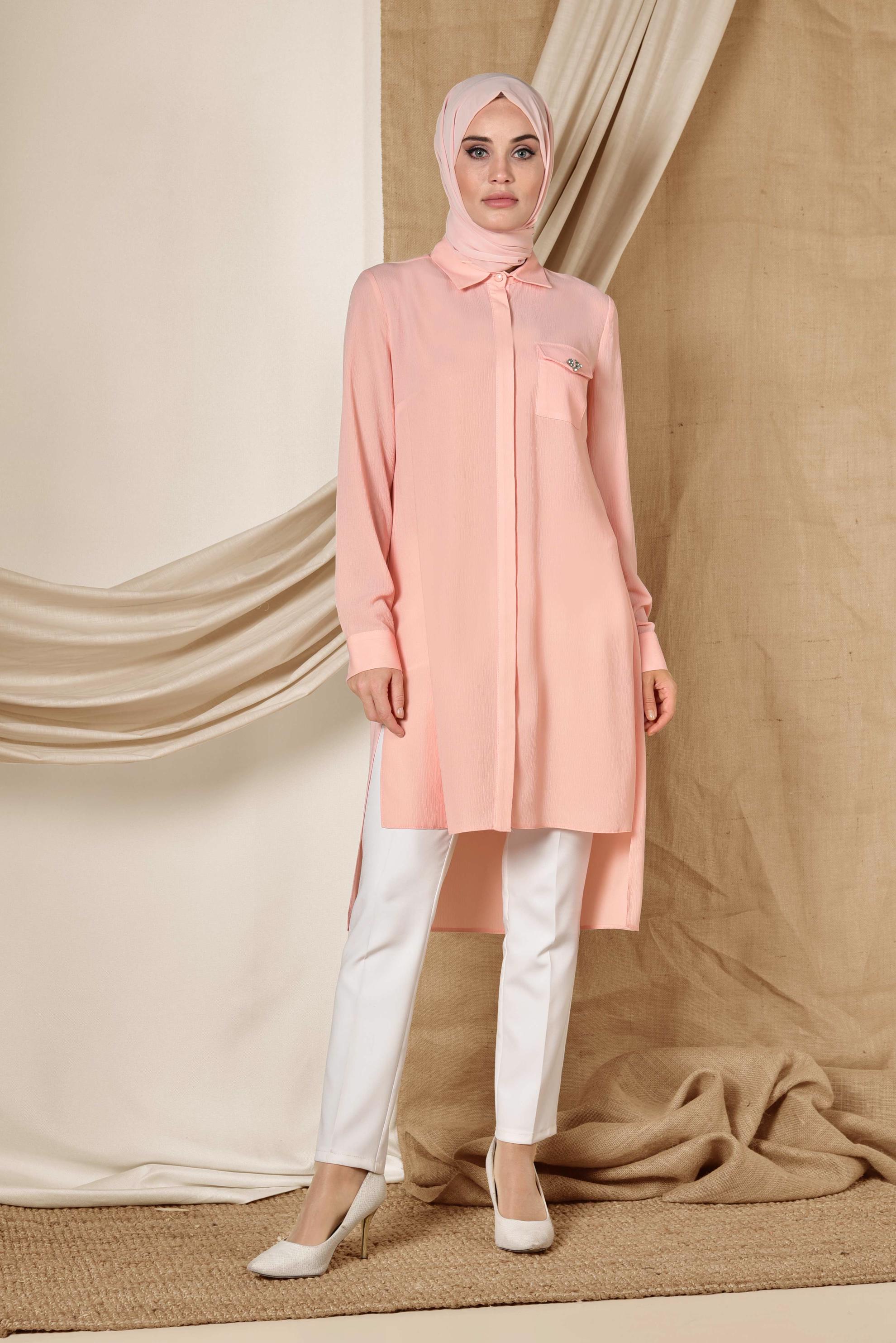 Tesettür giyim PUDRA ASİMETRİK KESİM TUNİK 4884