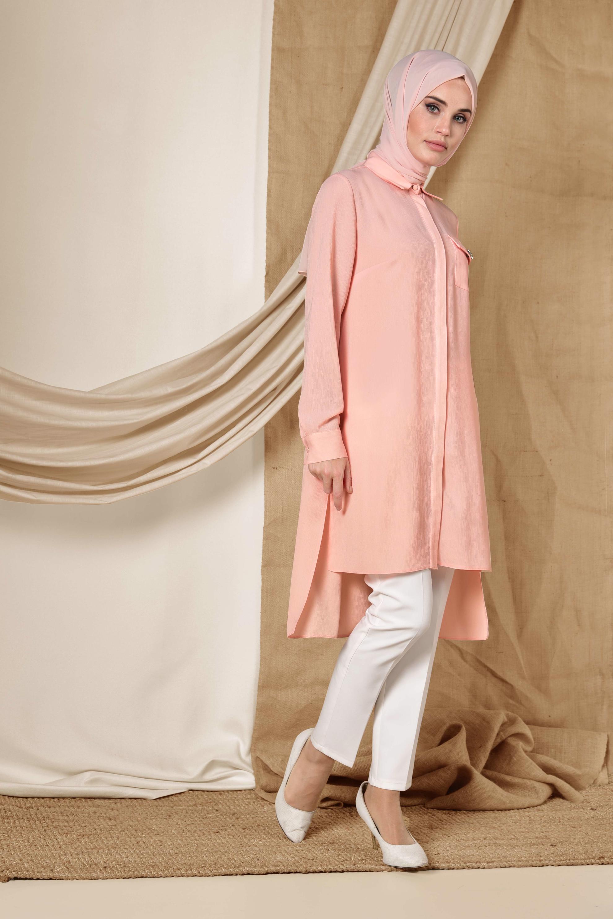 Tesettür giyim PUDRA ASİMETRİK KESİM TUNİK 4884