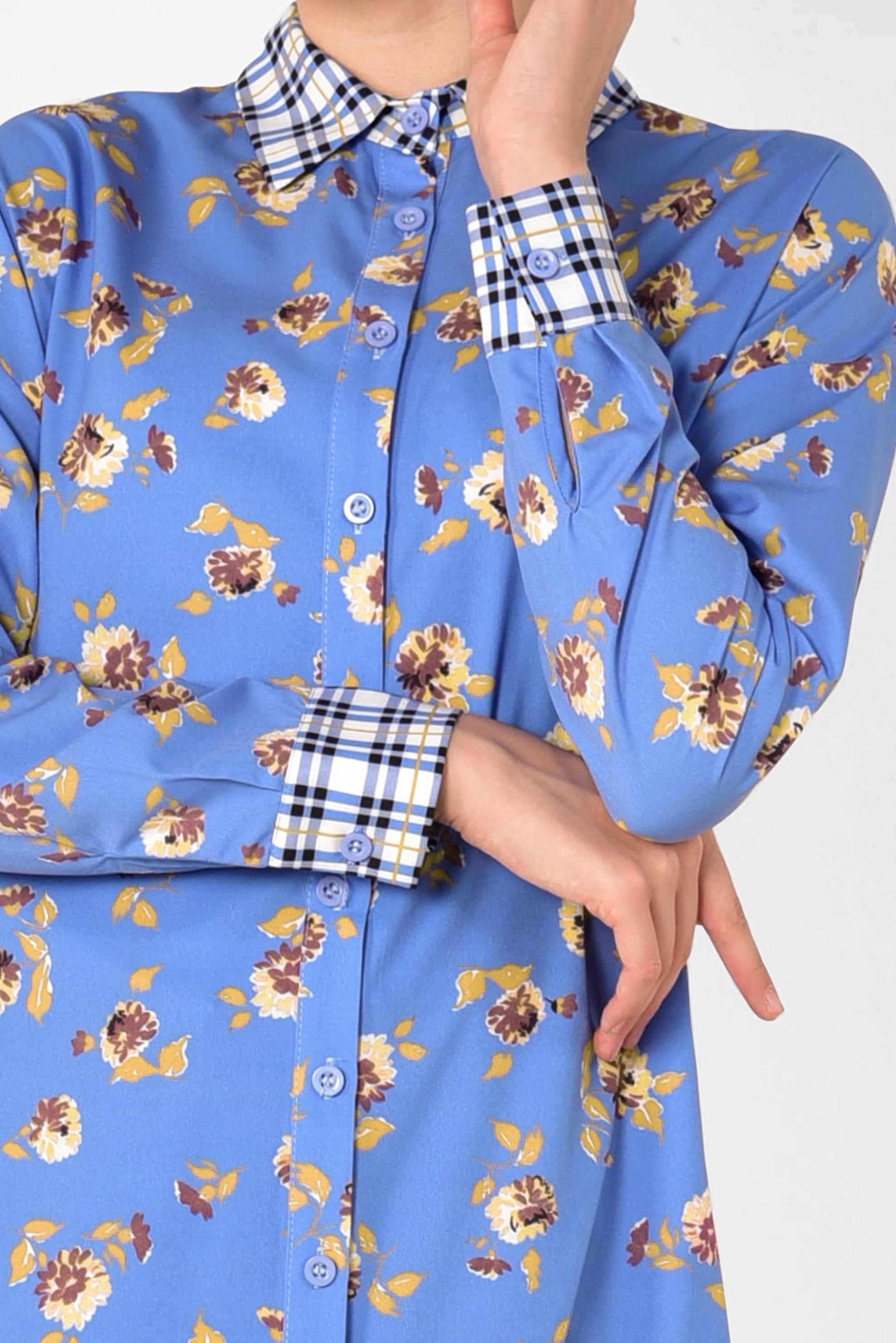 Tesettür giyim MAVİ YAKASI VE MANŞETLERİ EKOSELİ TUNİK 4909