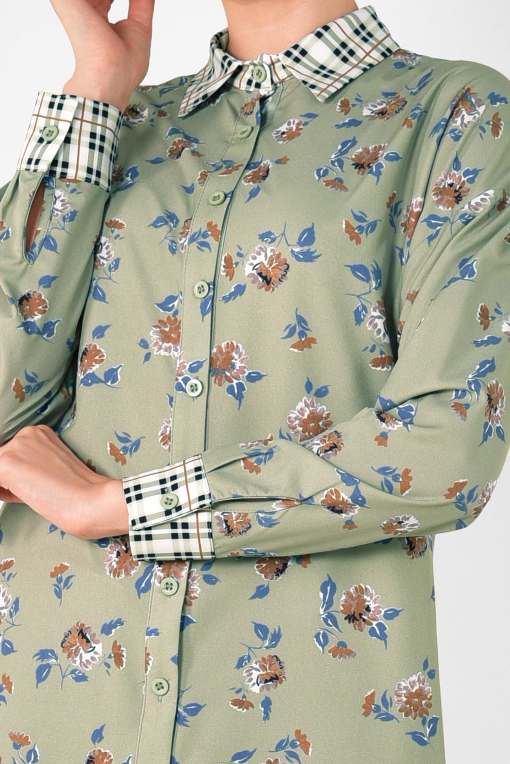 Tesettür giyim YEŞİL YAKASI VE MANŞETLERİ EKOSELİ TUNİK 4909