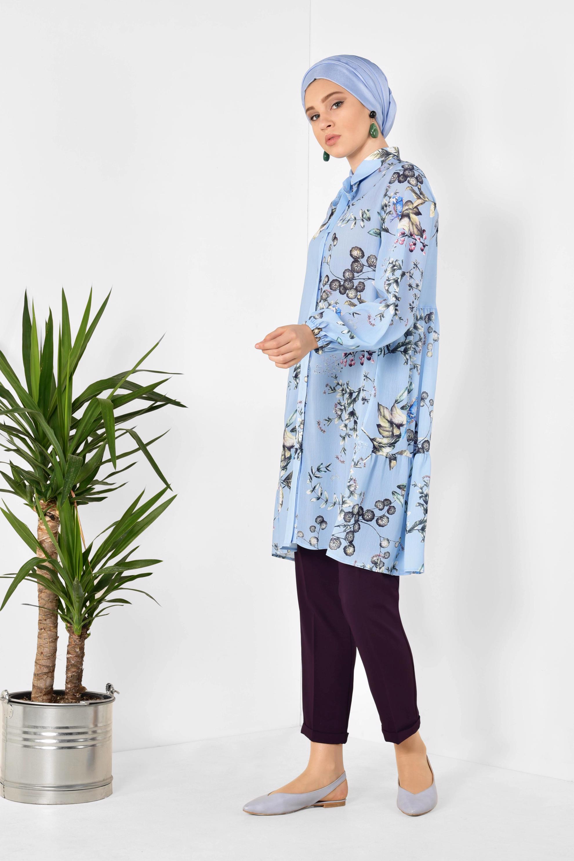Tesettür giyim MAVİ ÇİÇEK DESENLİ SALAŞ TUNİK 4910