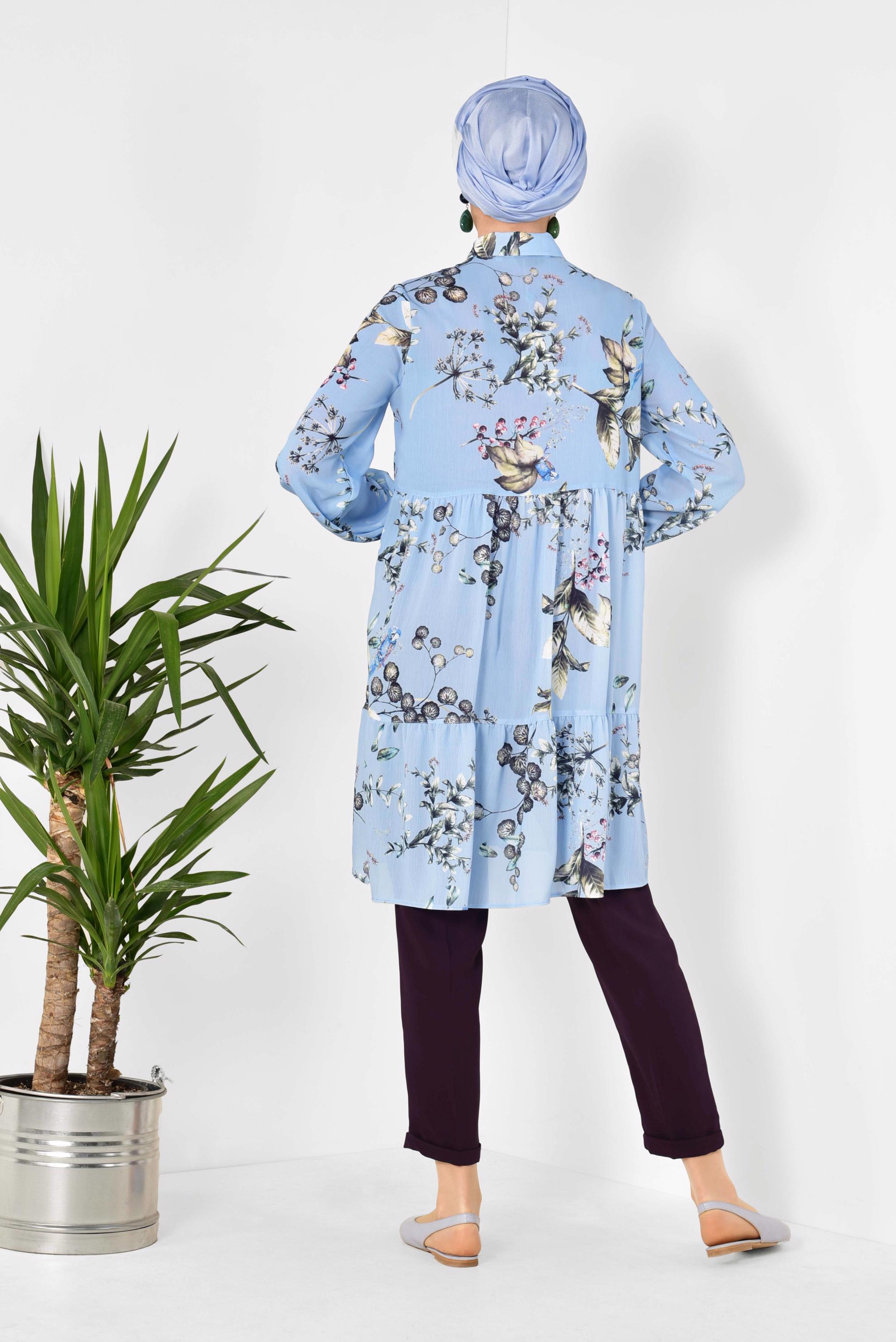 Tesettür giyim MAVİ ÇİÇEK DESENLİ SALAŞ TUNİK 4910