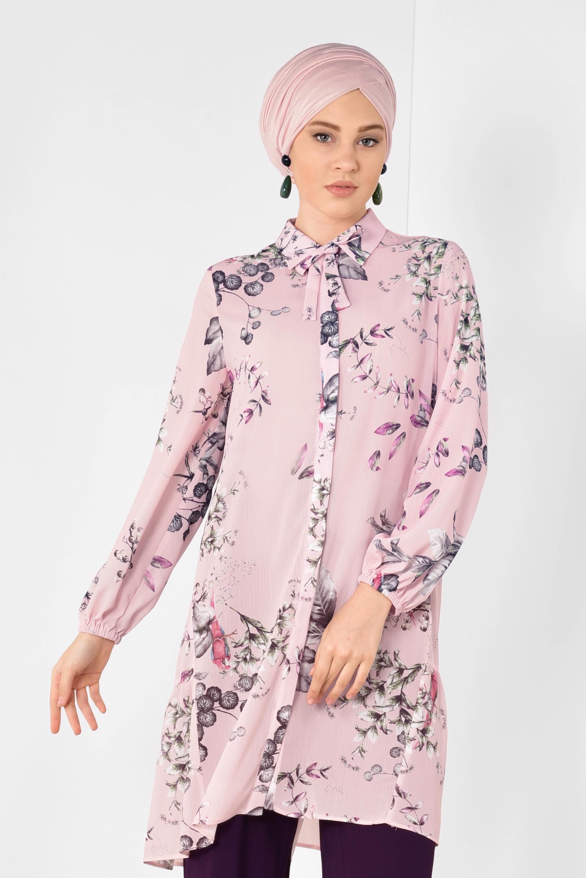 Tesettür giyim PUDRA ÇİÇEK DESENLİ SALAŞ TUNİK 4910