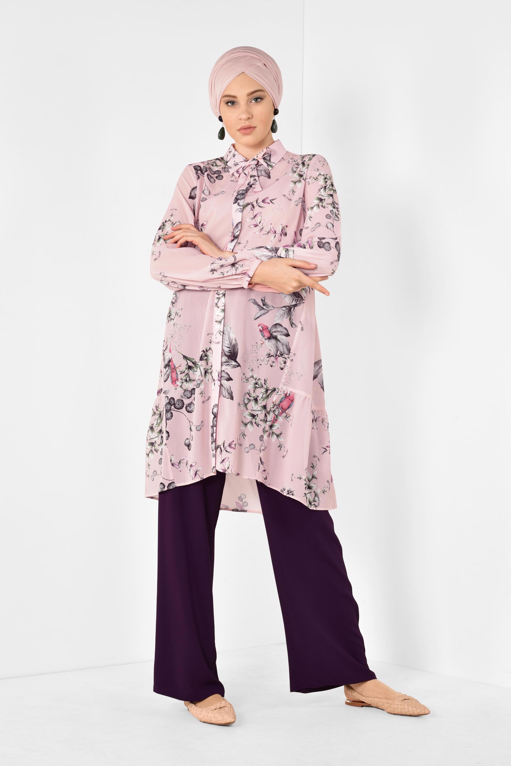 Tesettür giyim PUDRA ÇİÇEK DESENLİ SALAŞ TUNİK 4910