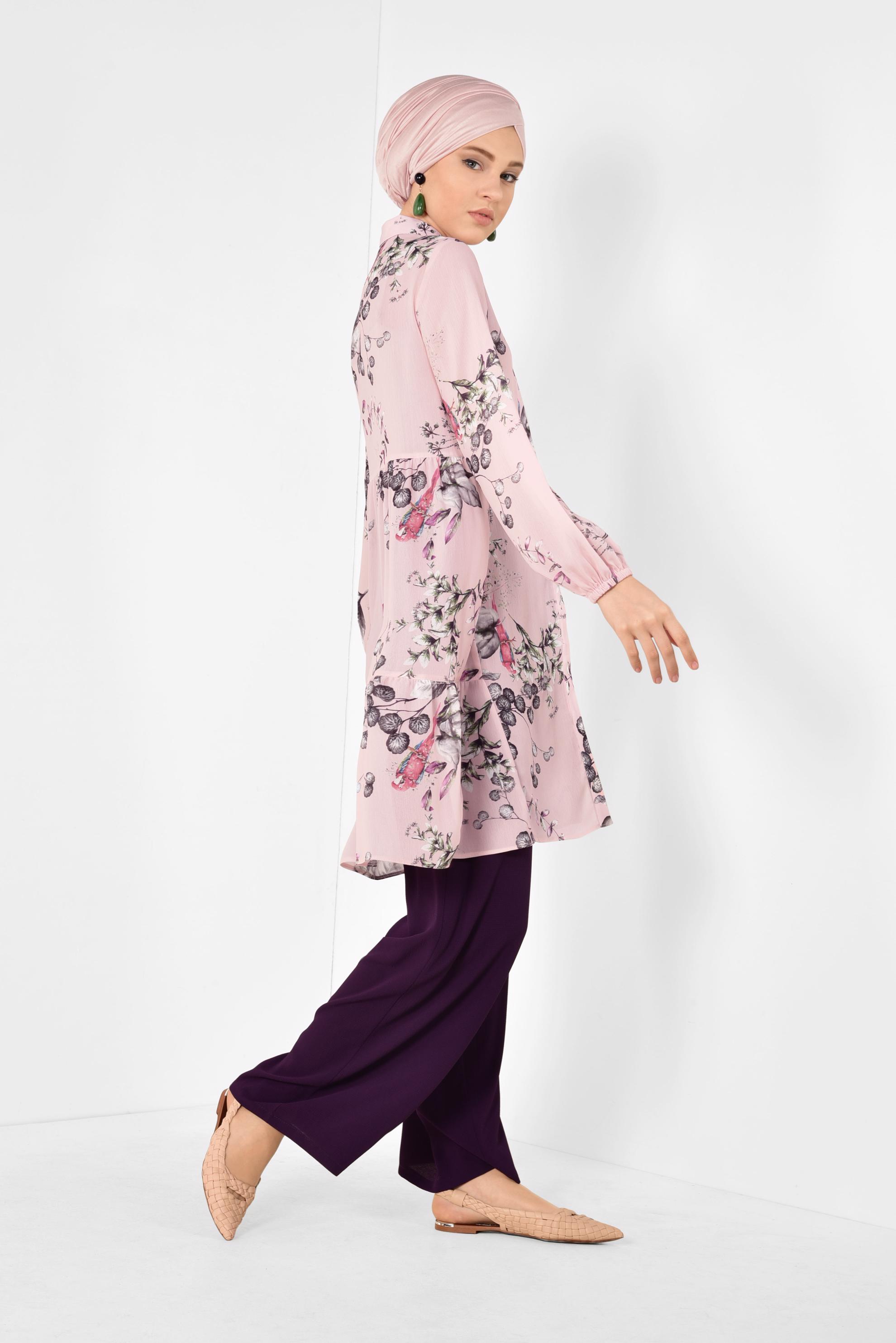 Tesettür giyim PUDRA ÇİÇEK DESENLİ SALAŞ TUNİK 4910