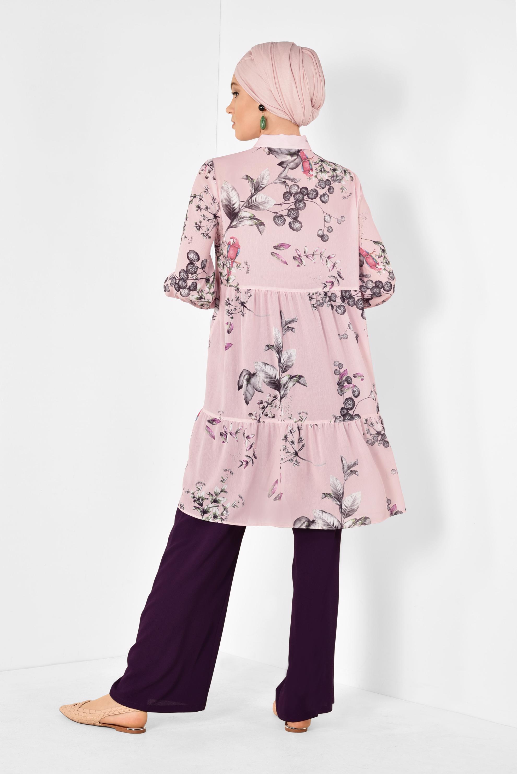 Tesettür giyim PUDRA ÇİÇEK DESENLİ SALAŞ TUNİK 4910