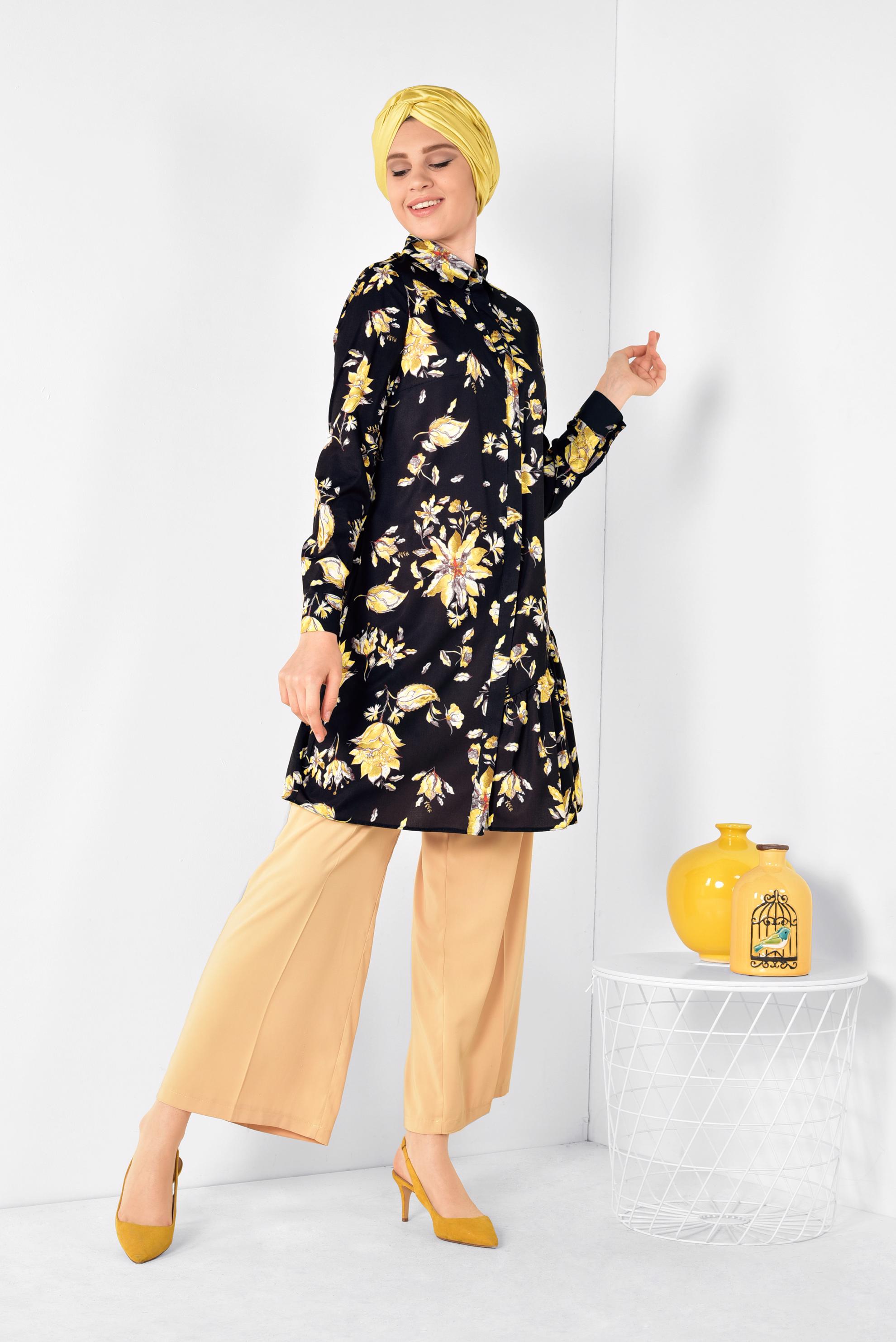 Tesettür giyim SİYAH ÖNDEN DÜĞMELİ ÇİÇEKLİ TUNİK 4911