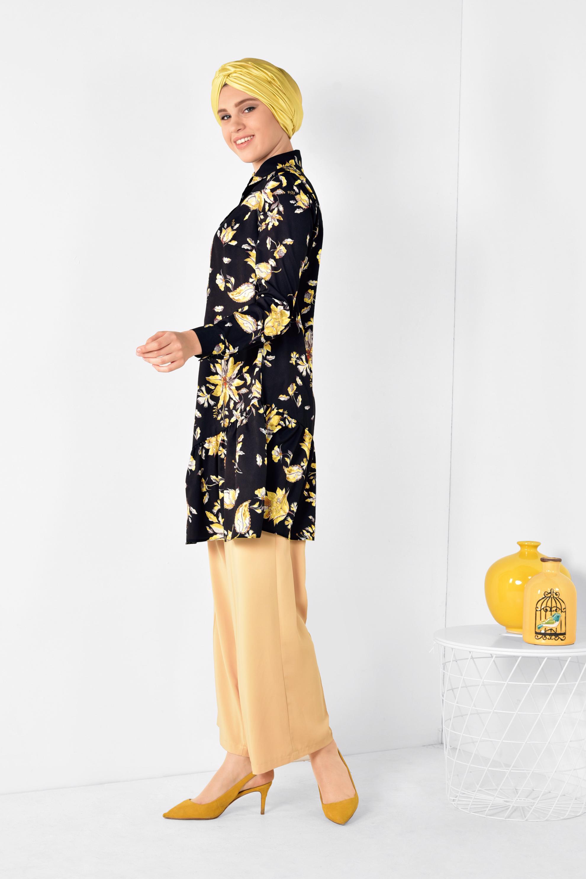 Tesettür giyim SİYAH ÖNDEN DÜĞMELİ ÇİÇEKLİ TUNİK 4911